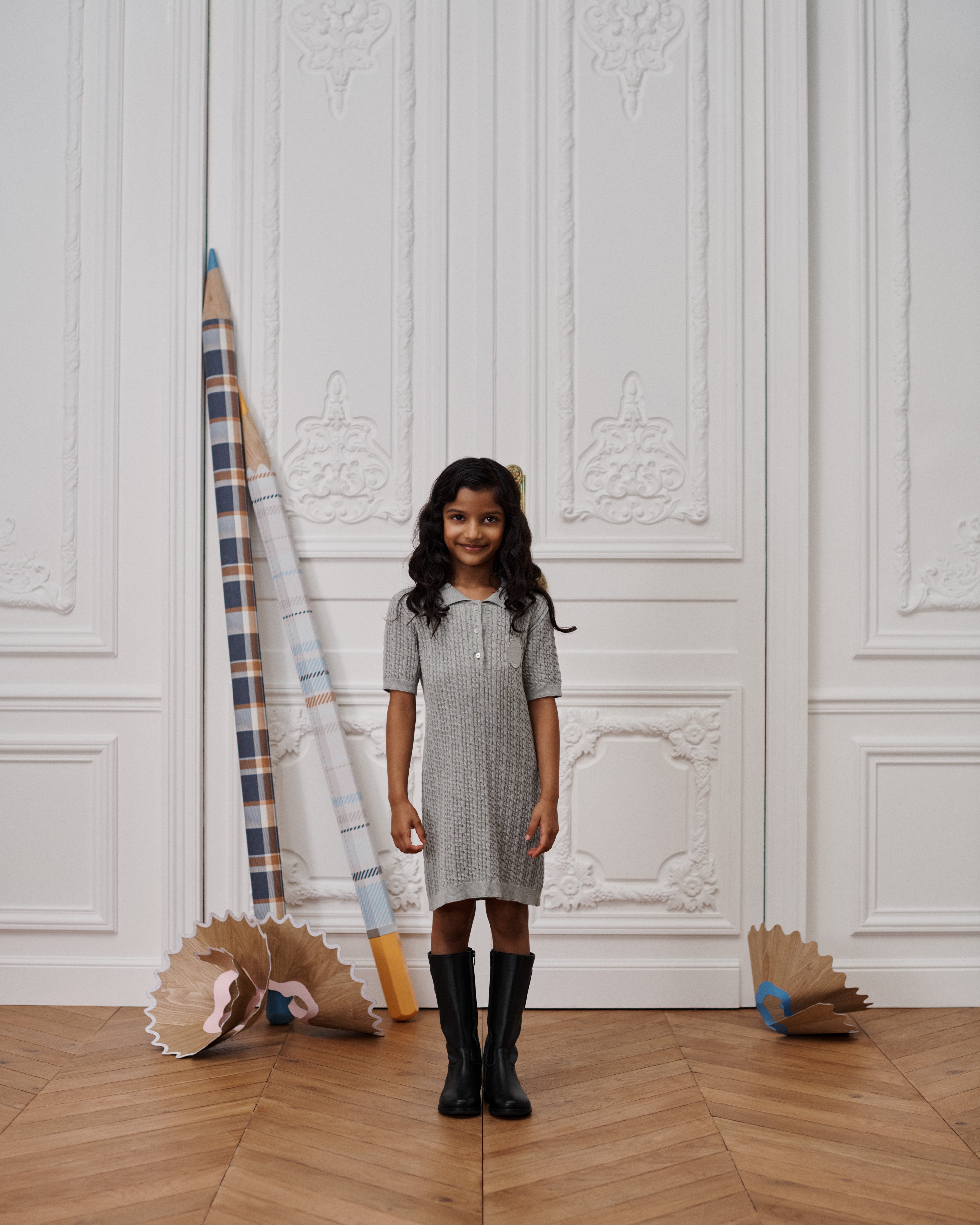 Kids' Polo Dress Gray Cable-Knit Cotton and Cashmere E07