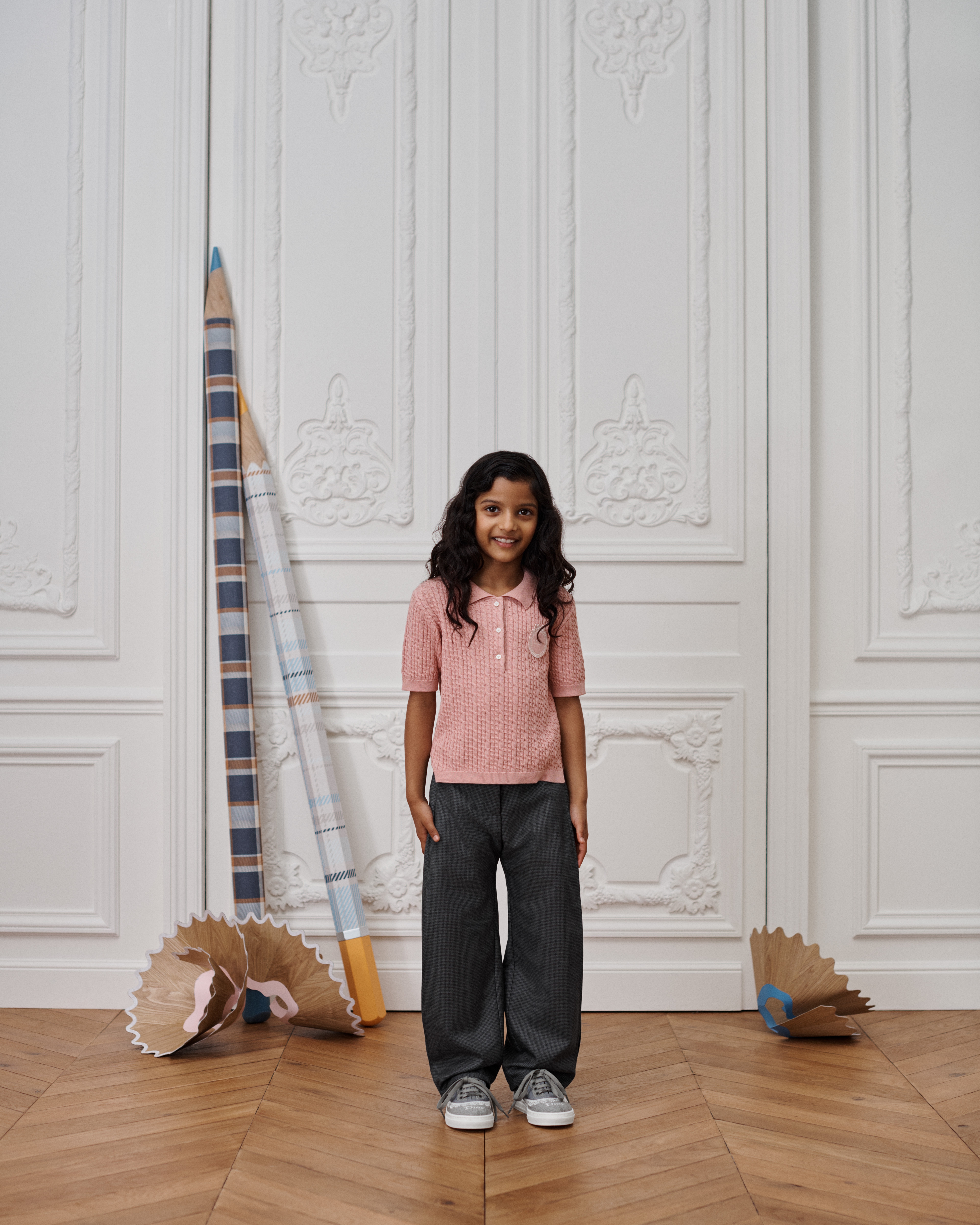 Polo per bambini Maglia di cotone e cachemire a trecce rosa E01