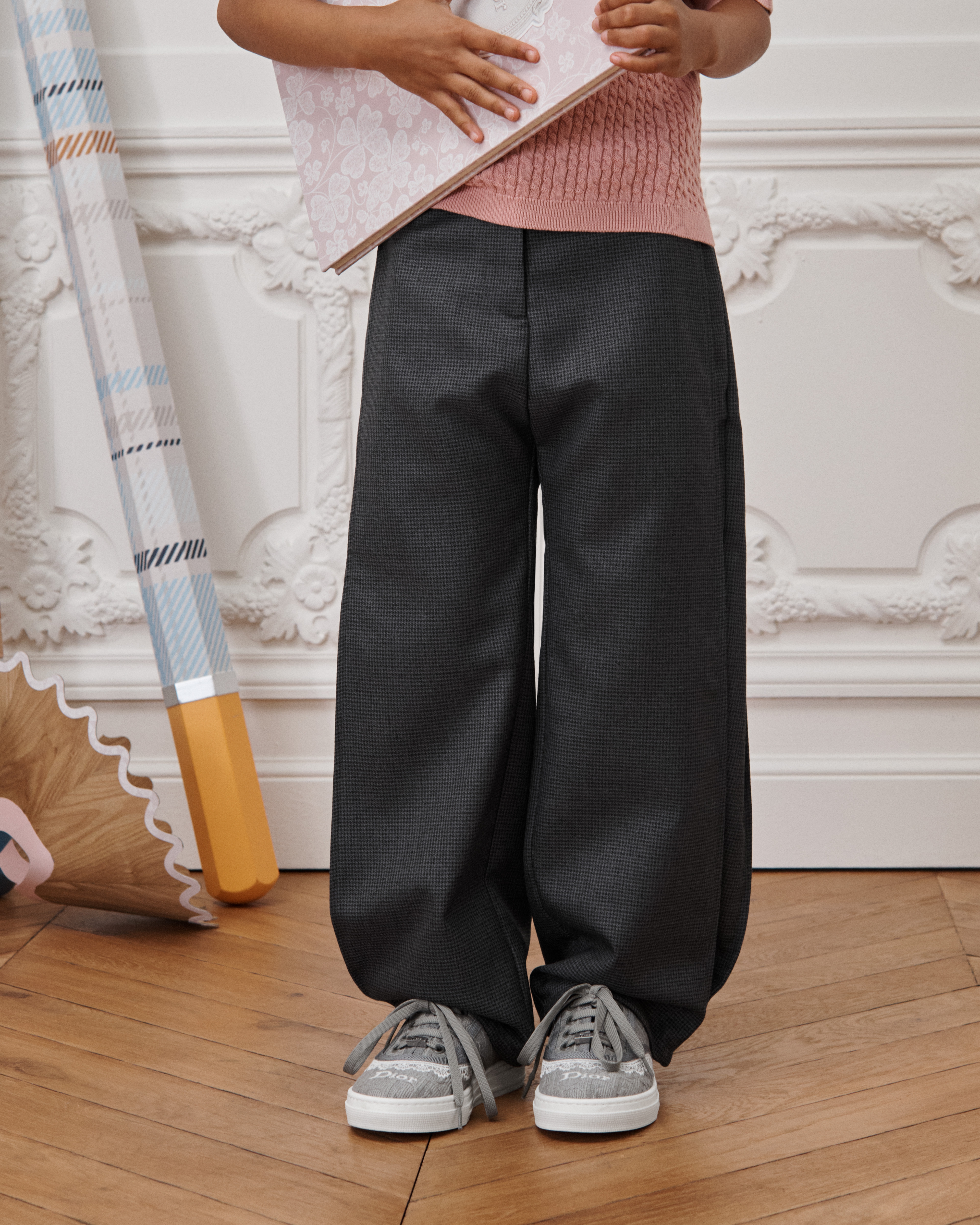 Kids' Wide-Leg Pants Anthracite Gray Nano Houndstooth Wool E14