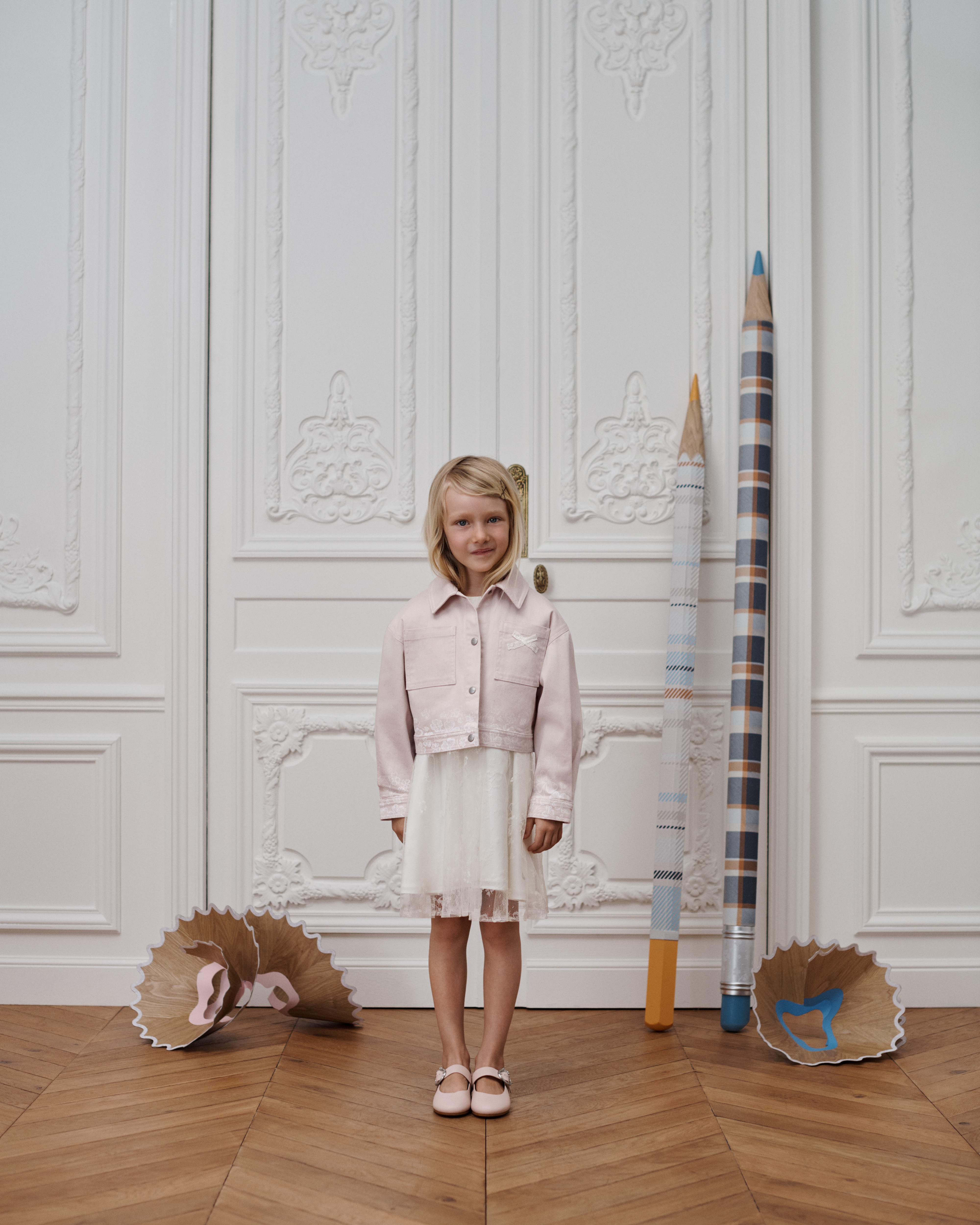 Kids' Cropped Jacket Pale Pink Cotton Gabardine E01