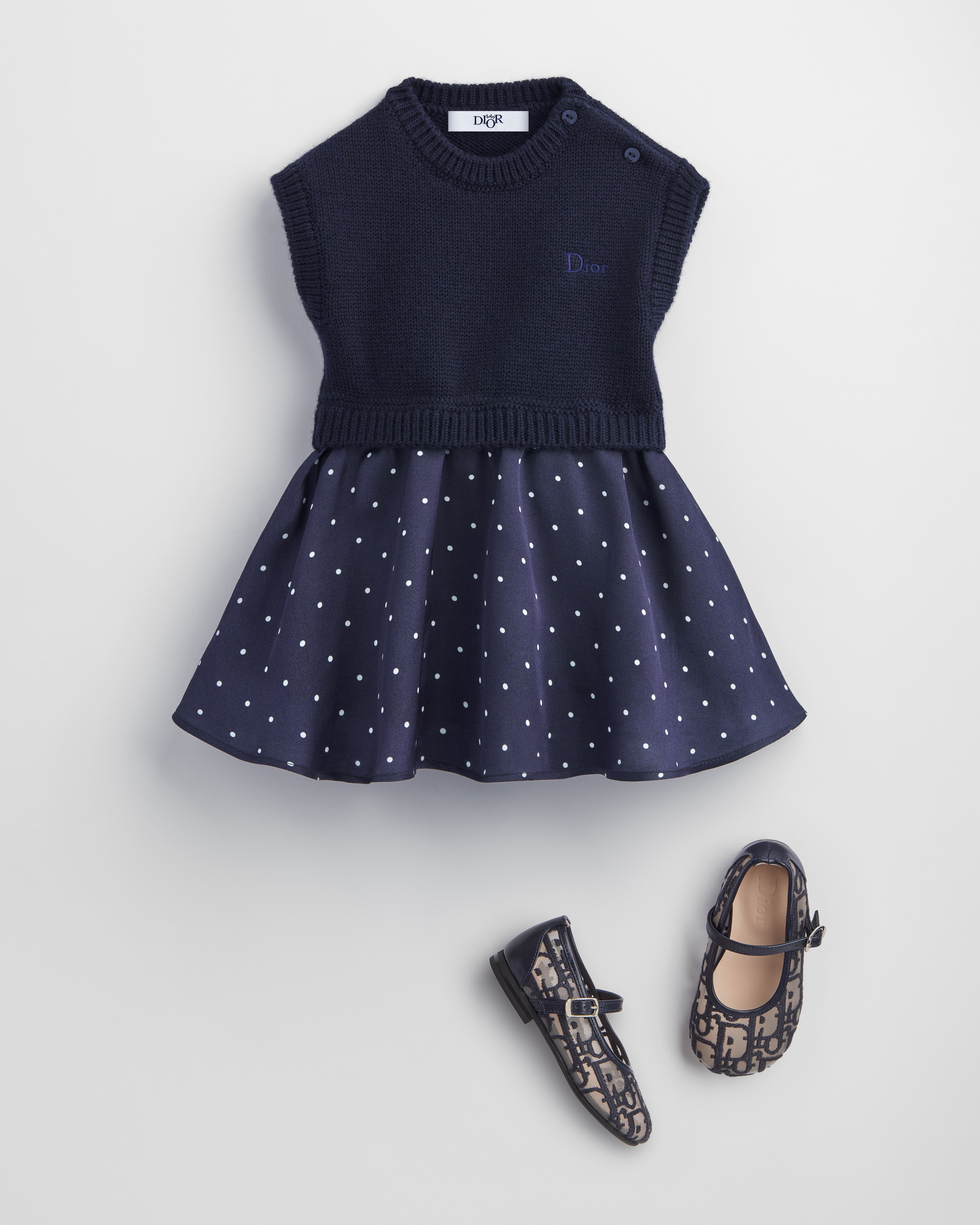 Ausgestelltes Kleid für Babys Wollstrick in Marineblau und Satin in Marineblau mit Punkten E01