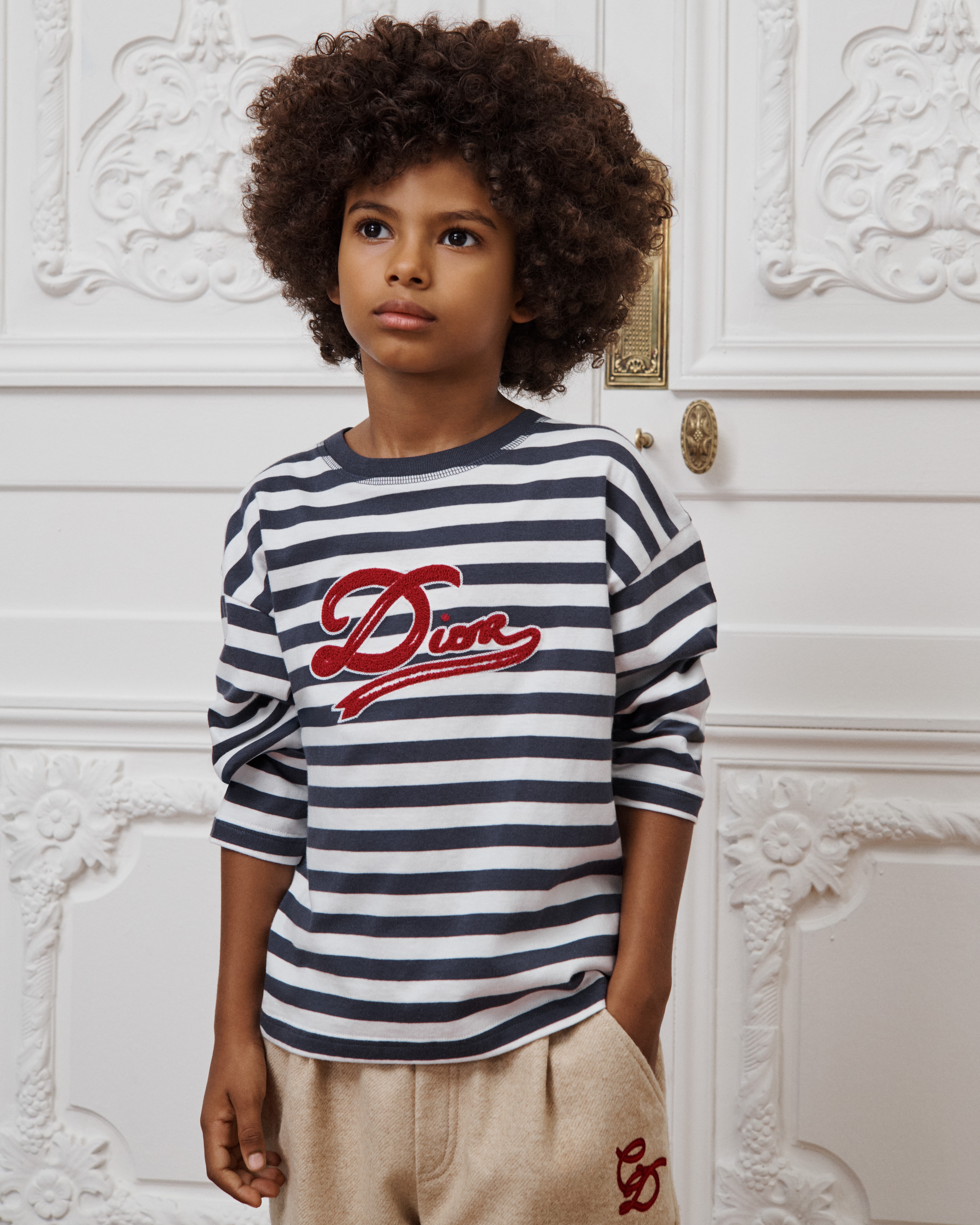 Kids' Long-Sleeved T-Shirt White and Navy Blue Striped Cotton Jersey E08
