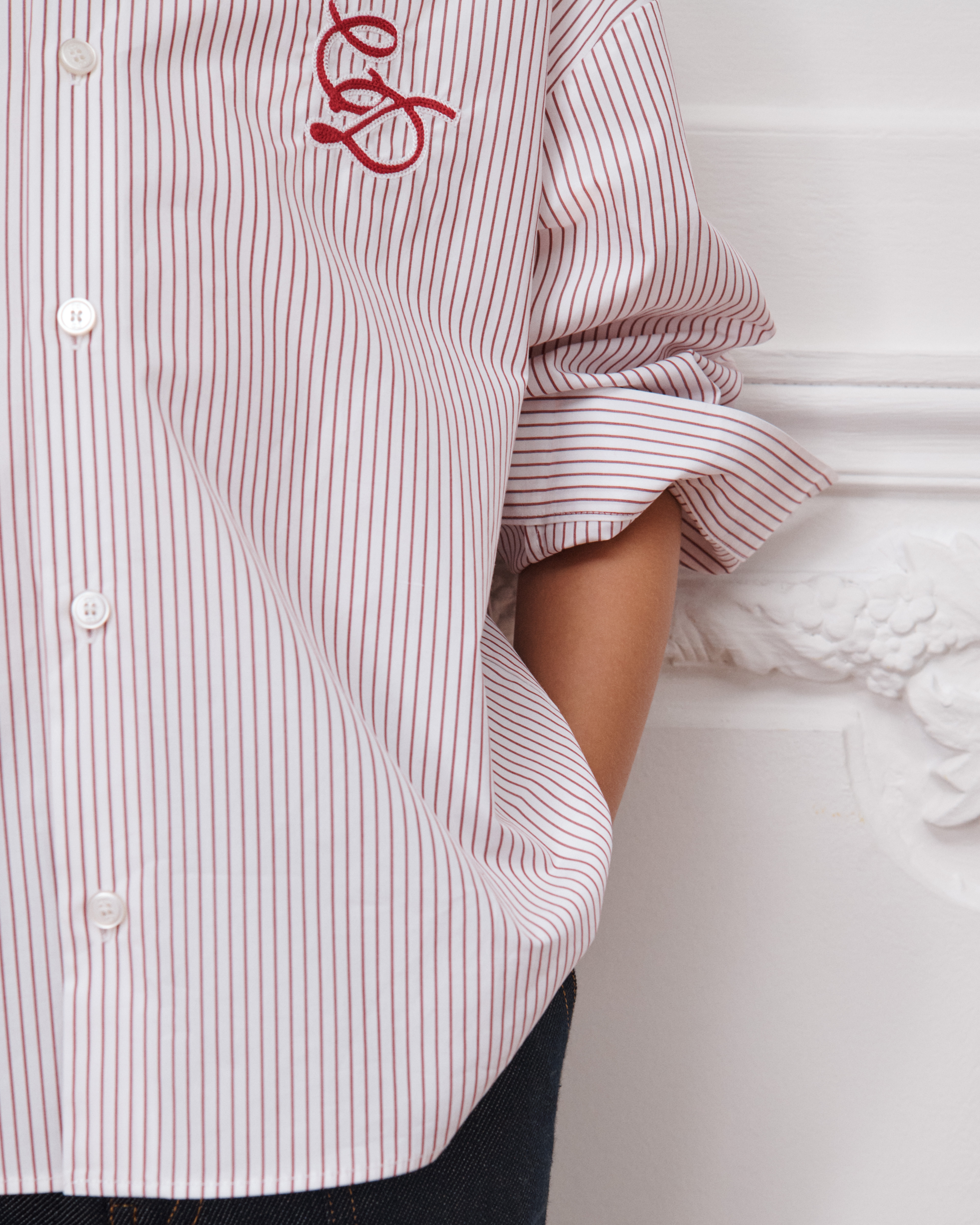 Camicia per bambini Popeline di cotone bianca e bordeaux a strisce E09
