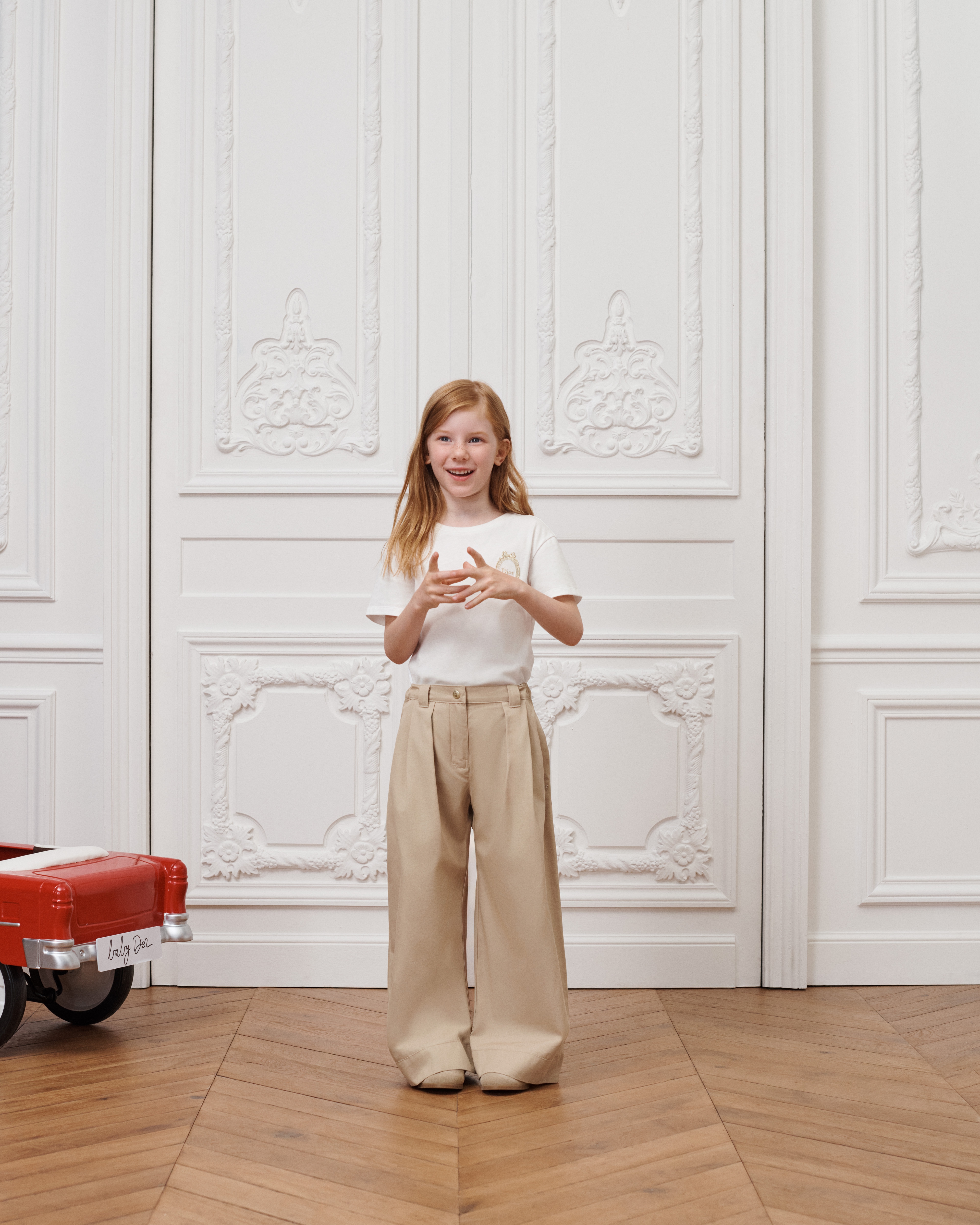 Kids' Wide-Leg Pants Beige Cotton-Blend Gabardine E14