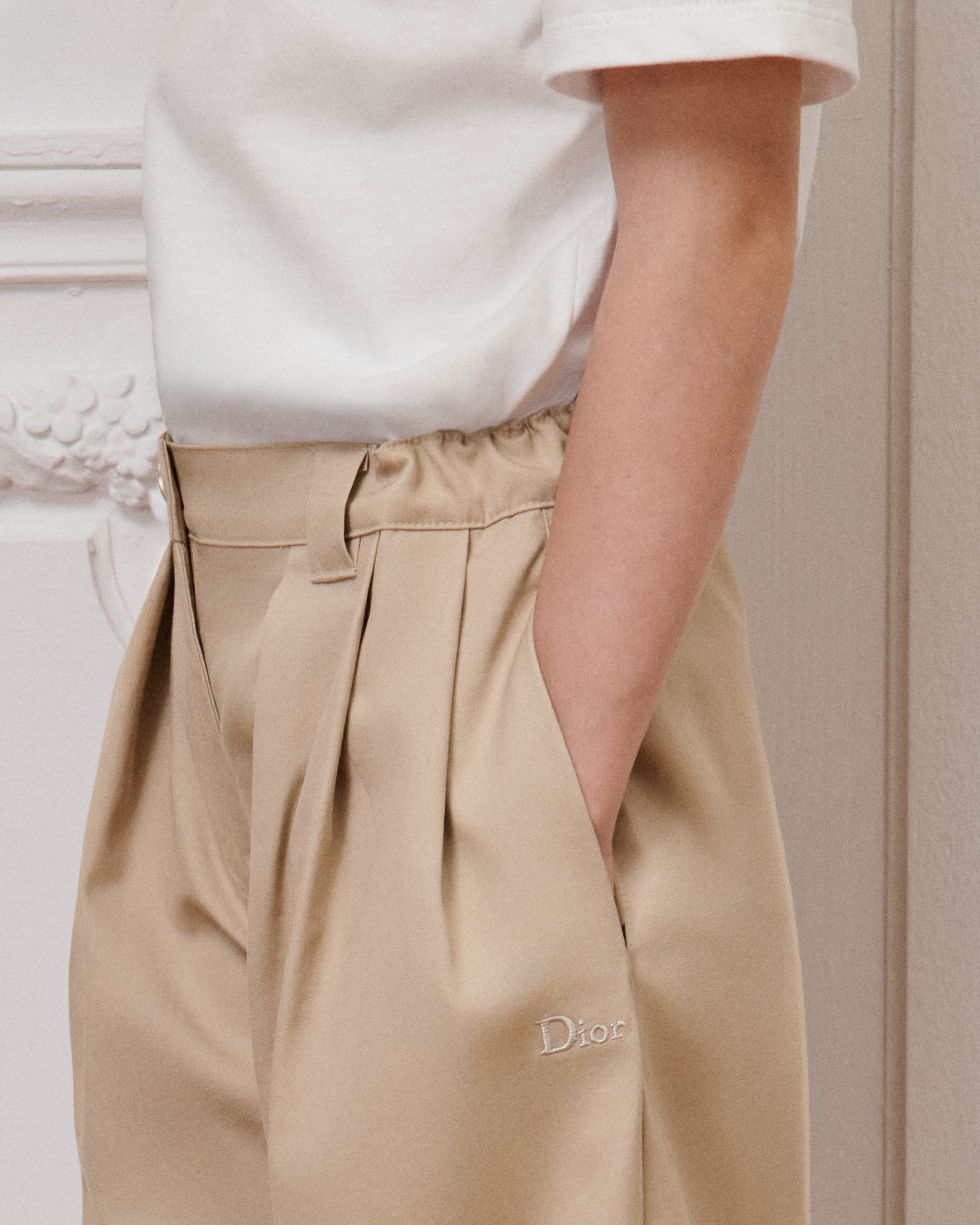 Kids' Wide-Leg Pants Beige Cotton-Blend Gabardine E16