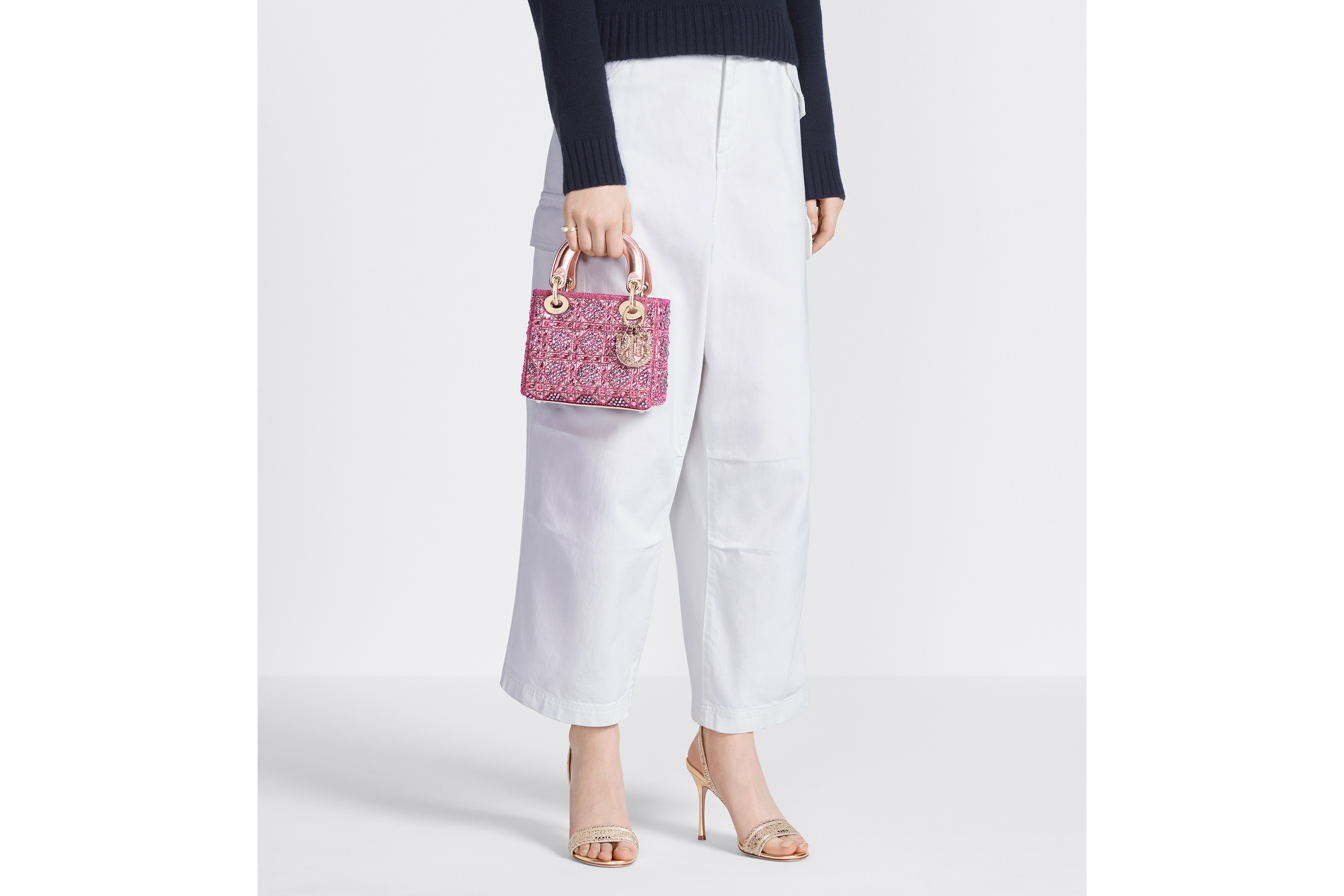 Look Mini Lady Dior Bag Metallic Lambskin and Rose des Vents Satin Embroidered with Beads E11