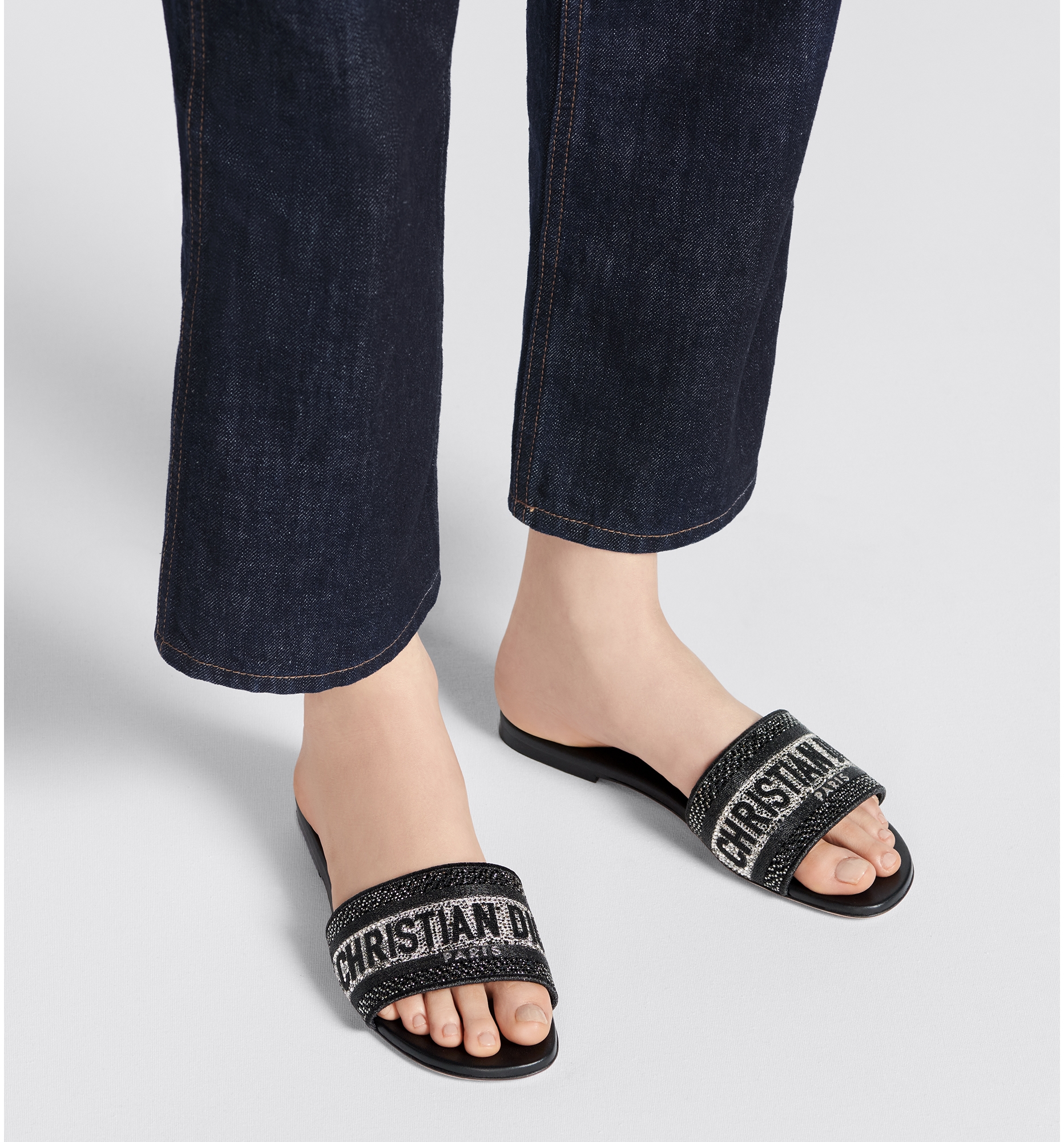 Dway Slide Black Cotton Embroidery with Metallic Thread and Silver Tone Strass DIOR