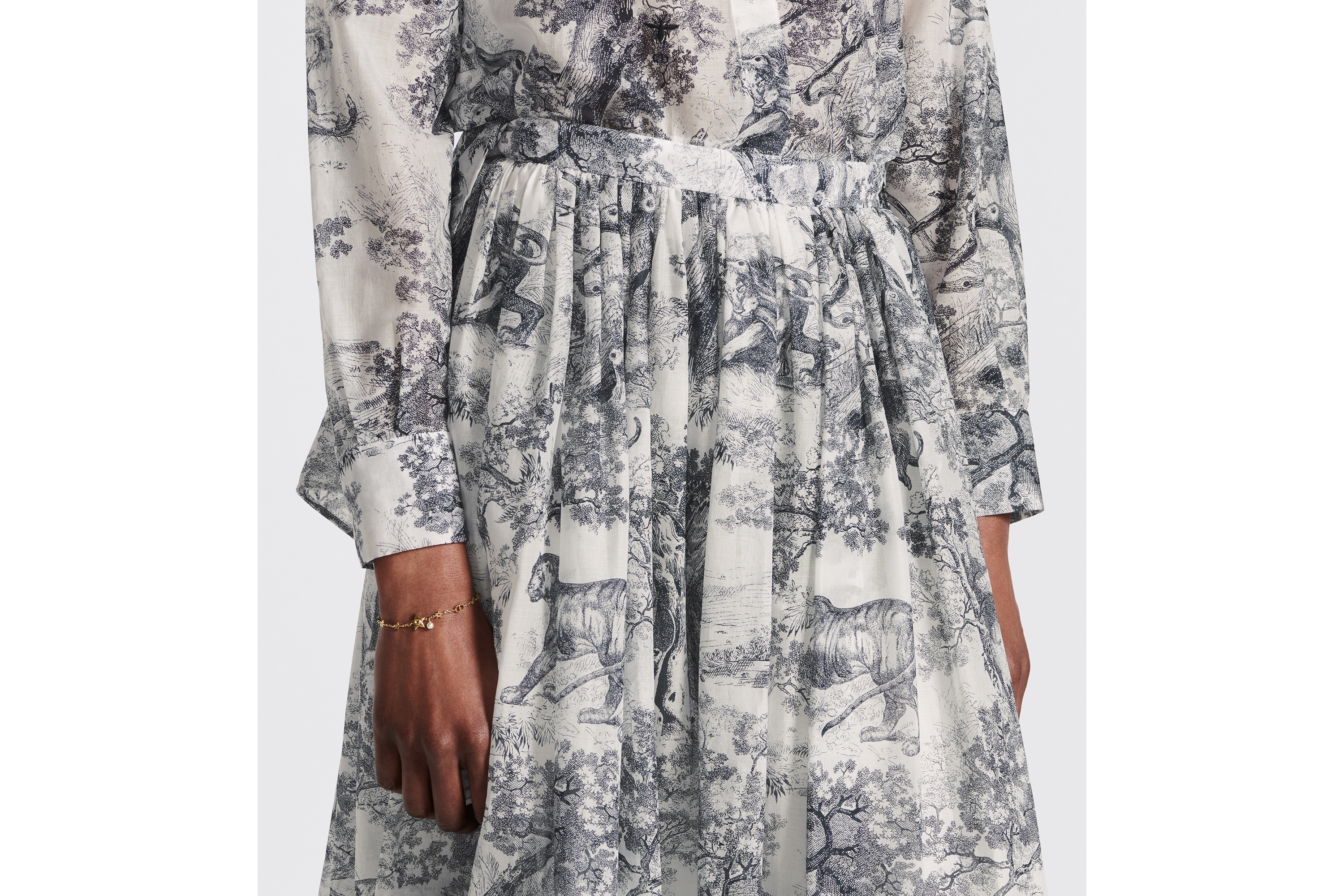 Look Mid-Length Skirt White and Navy Blue Toile de Jouy Cotton Muslin E09