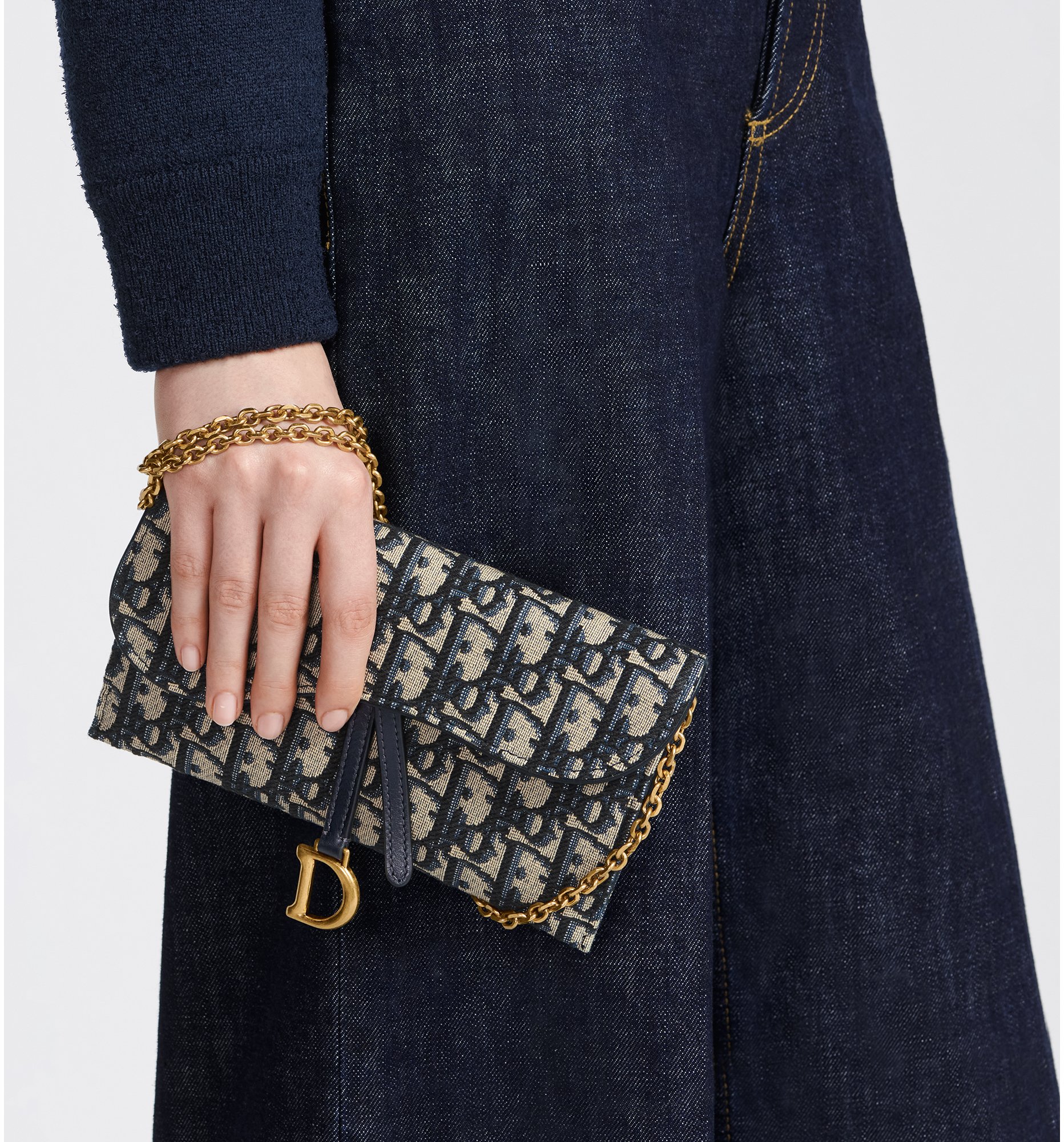 Saddle Long Wallet with Chain Blue Dior Oblique Jacquard DIOR