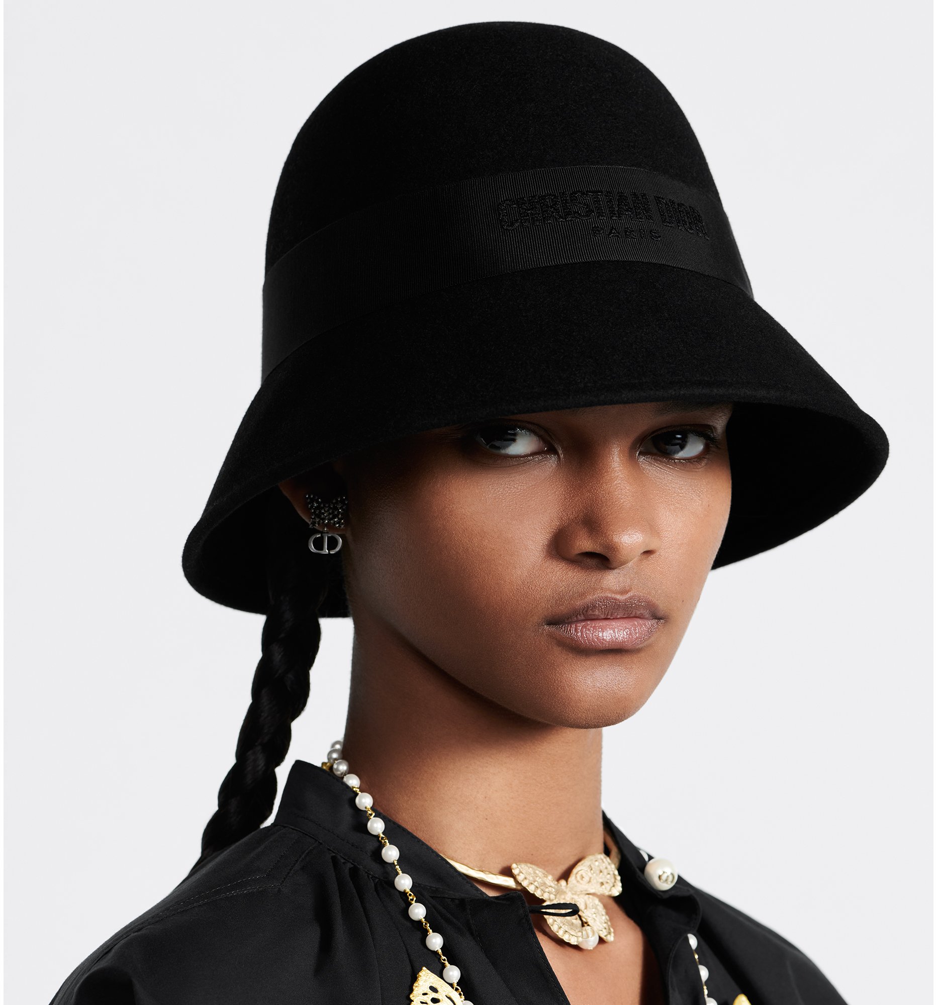 D-Tulipe Small Brim Cloche Black Rabbit Felt | DIOR
