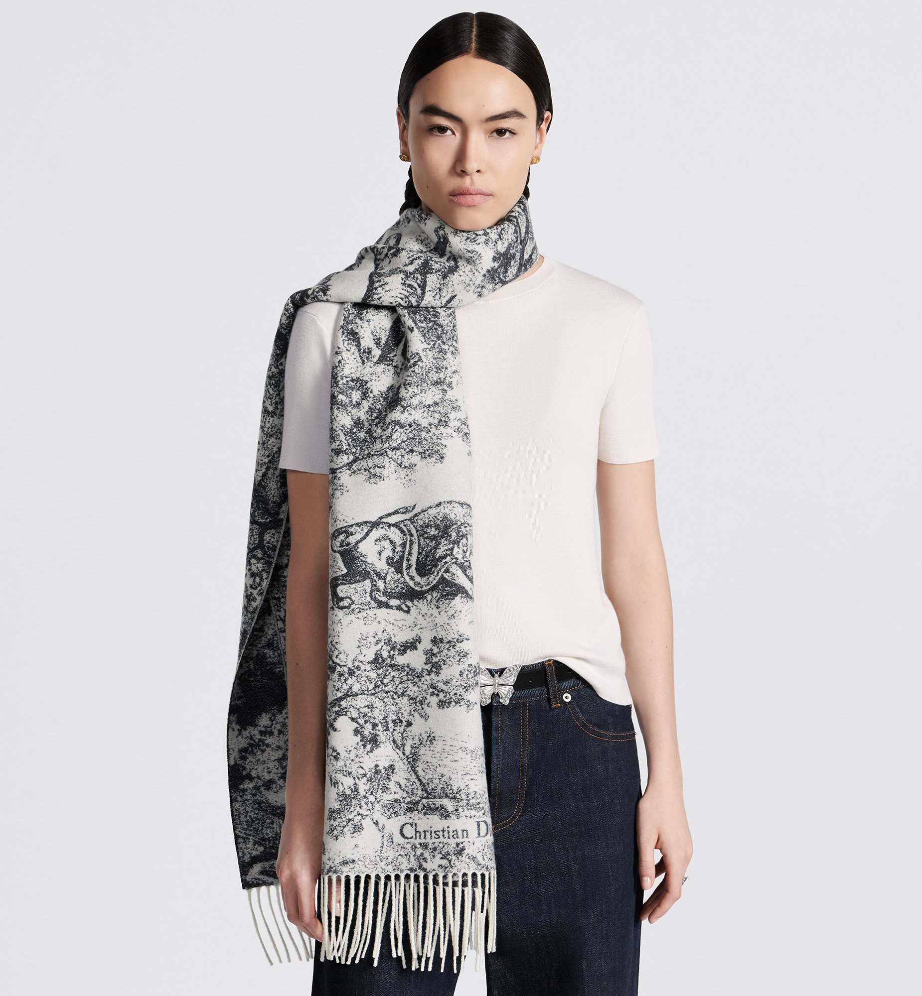 Toile de Jouy Sauvage Scarf Navy Blue Cashmere and Wool | DIOR Toile de Jouy Sauvage Scarf Navy Blue Cashmere and Wool | DIOR