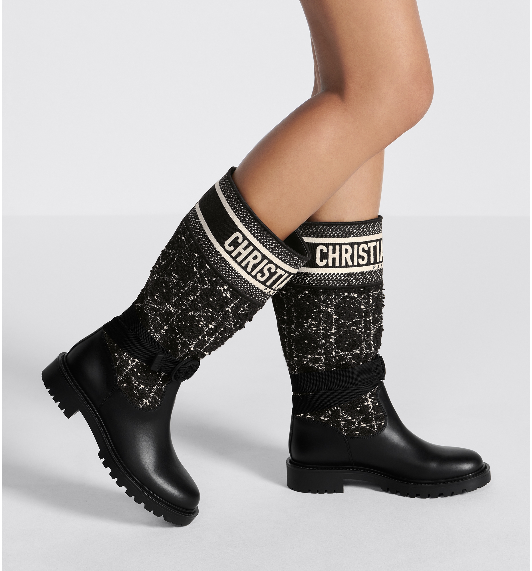 CD D-Major Boot Black Mix White Calfskin And Denim Fabric
