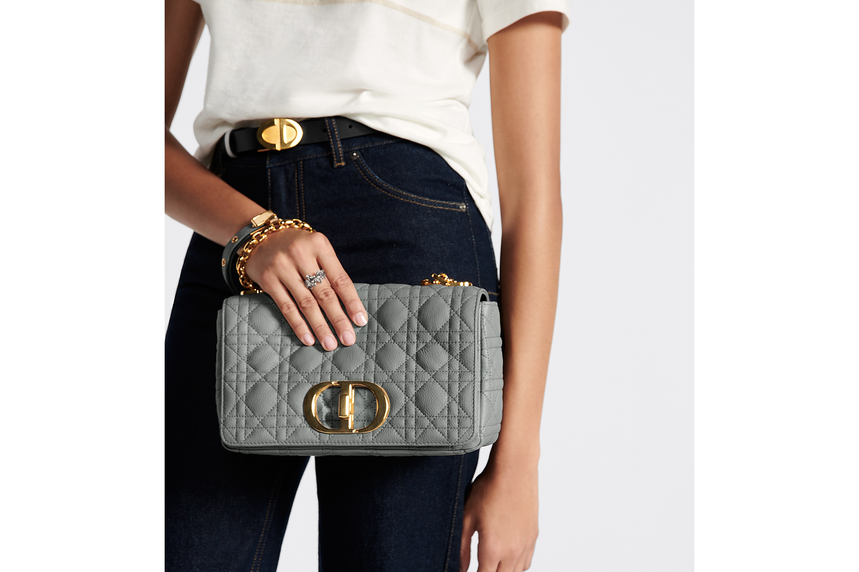 Look Medium Dior Caro Bag Stone Gray Supple Cannage Calfskin E06