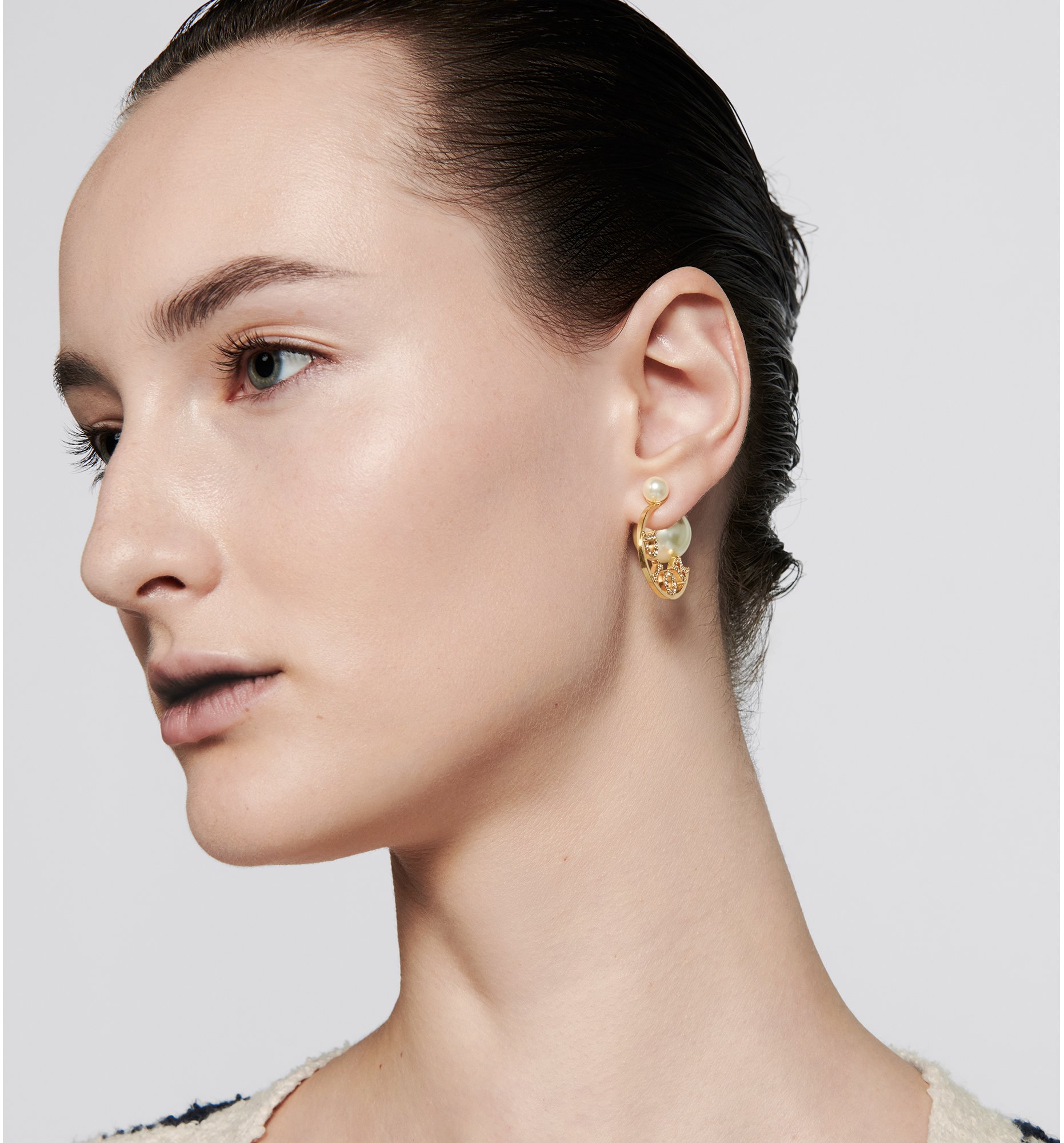 Dior Tribales Earrings Gold Finish Metal with White Resin Pearls and Silver Tone Crystals DIOR