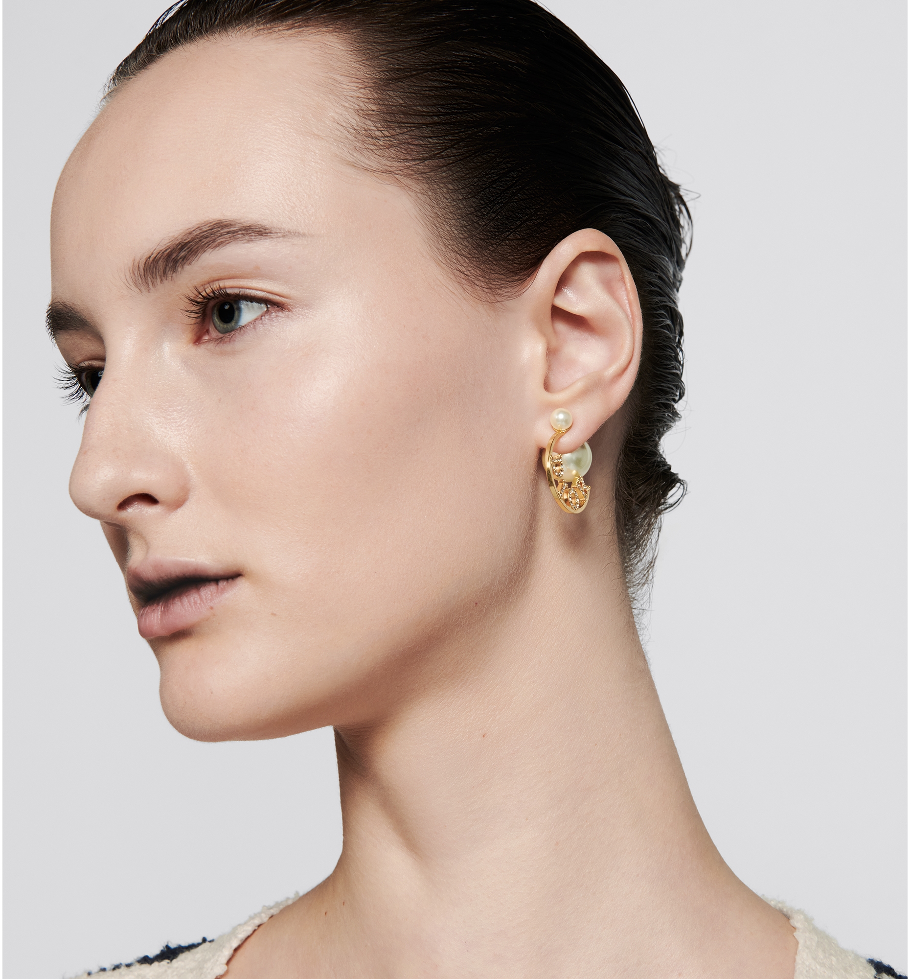 Dior Tribales Earrings Gold Finish Metal with White Resin Pearls and Silver Tone Crystals DIOR