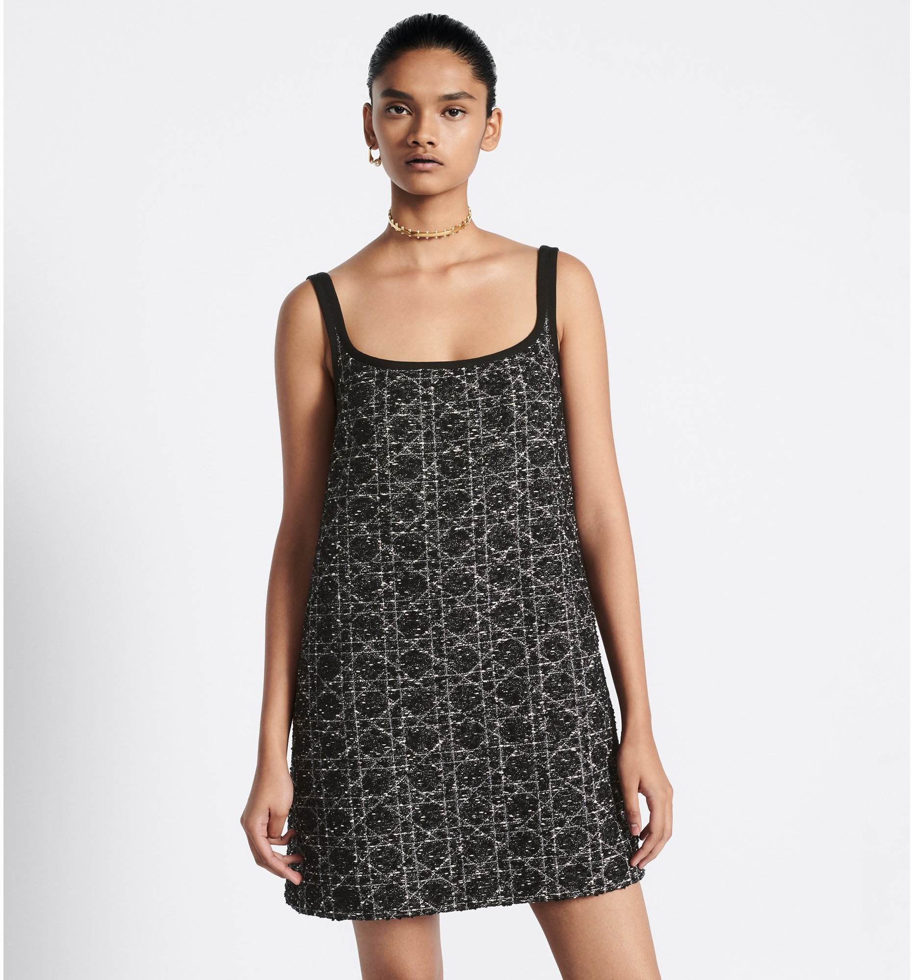 Short Flared Cannage Dress Black and White Cotton-Blend Tweed | DIOR