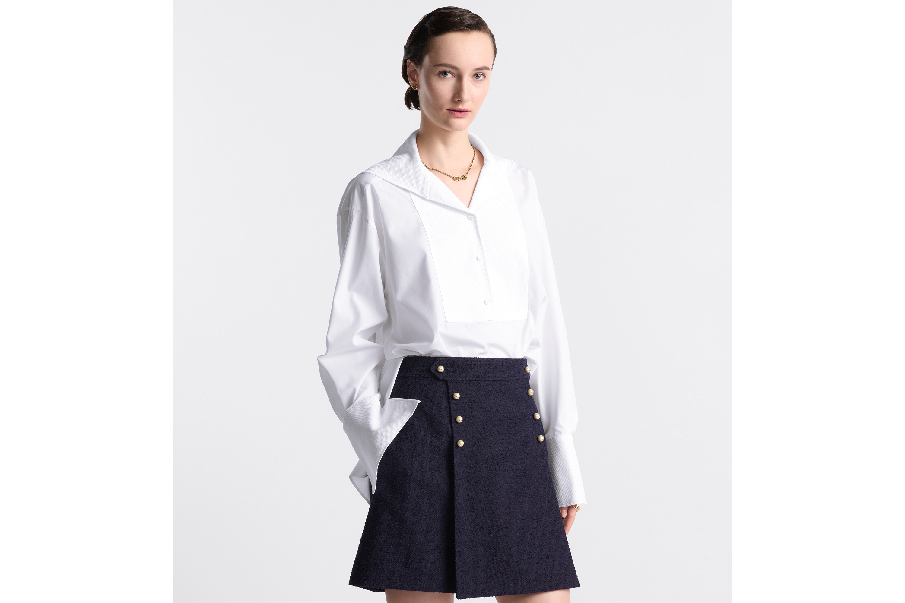 Blouse with Sailor Collar White Cotton Poplin E04
