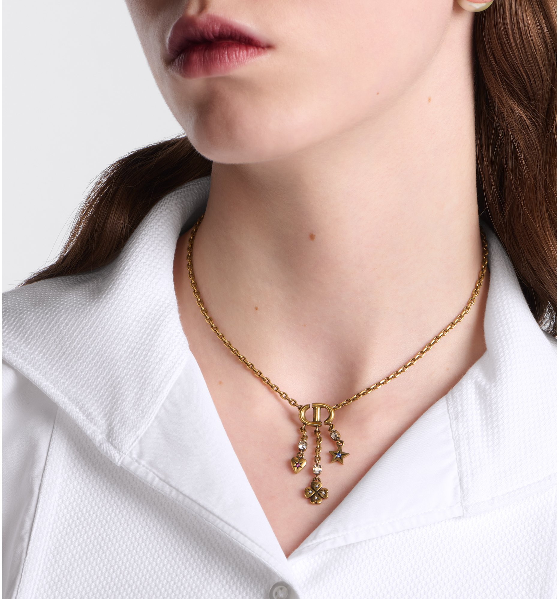 Dior Lucky Charms Necklace Antique Gold Finish Metal with White Resin Pearls and Multicolor Crystals DIOR