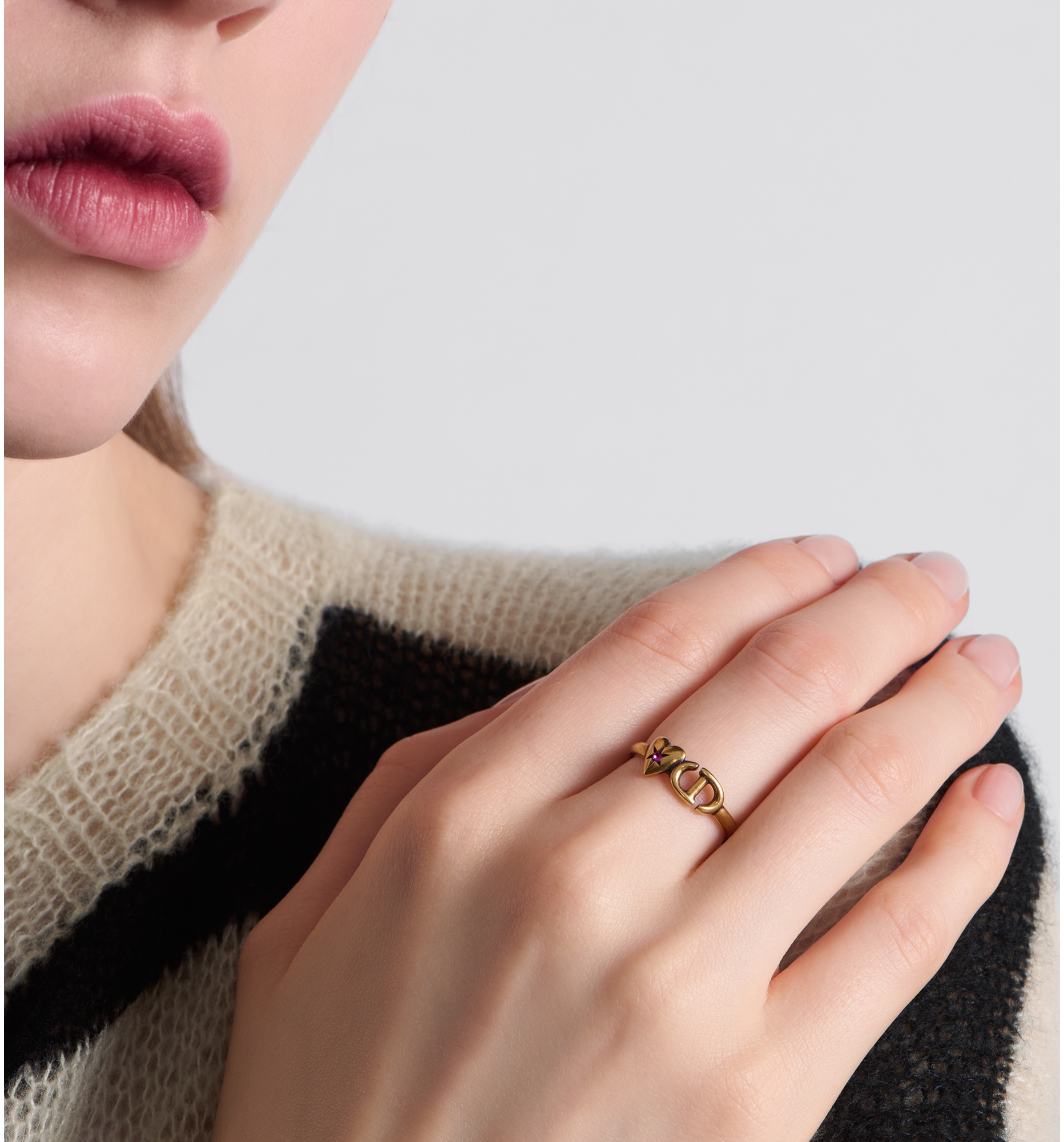 Dior Lucky Charms Ring Antique Gold Finish Metal and Pink Crystal DIOR