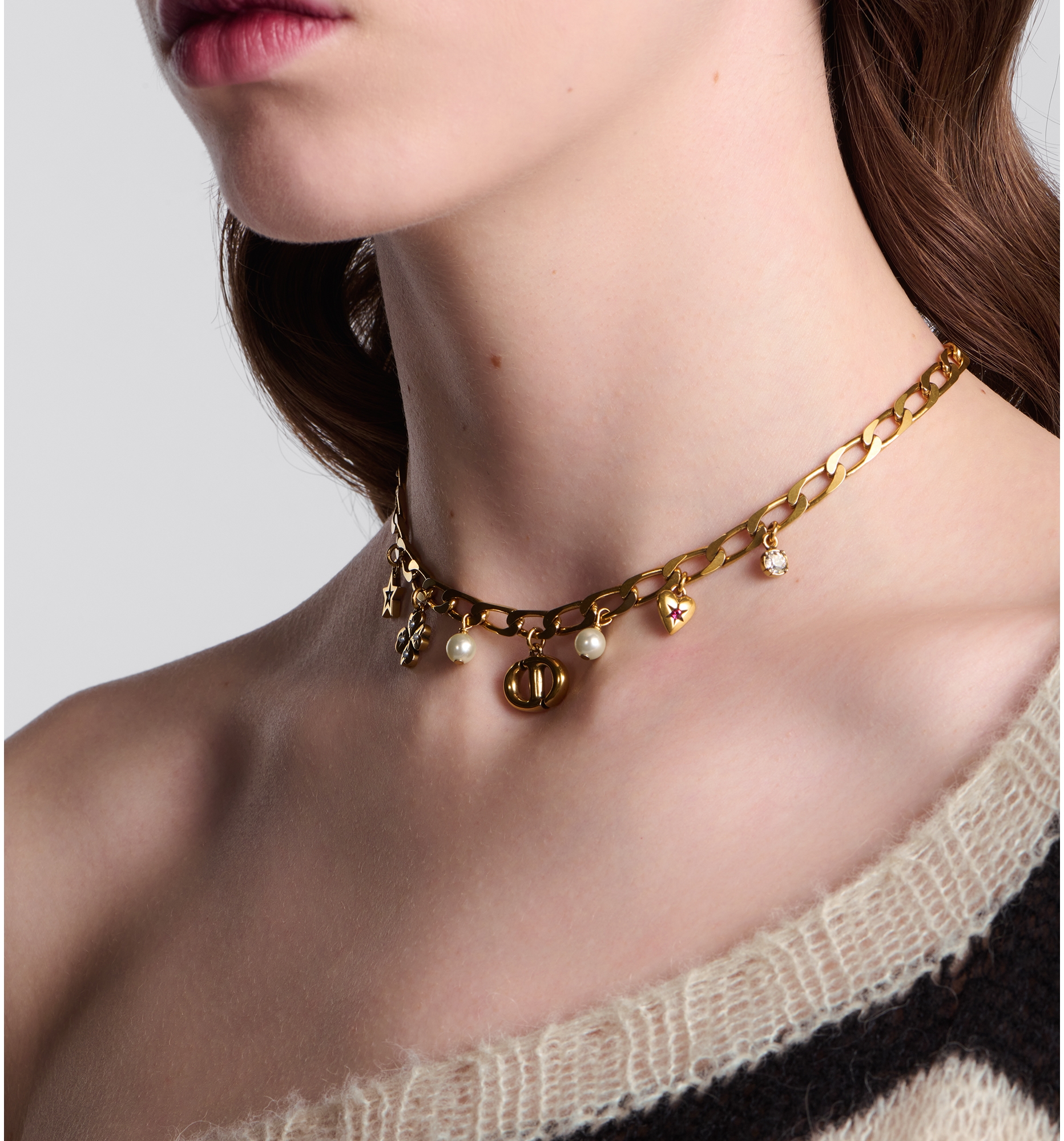 Dior Lucky Charms Necklace Antique Gold Finish Metal with White Resin Pearls and Multicolor Crystals DIOR