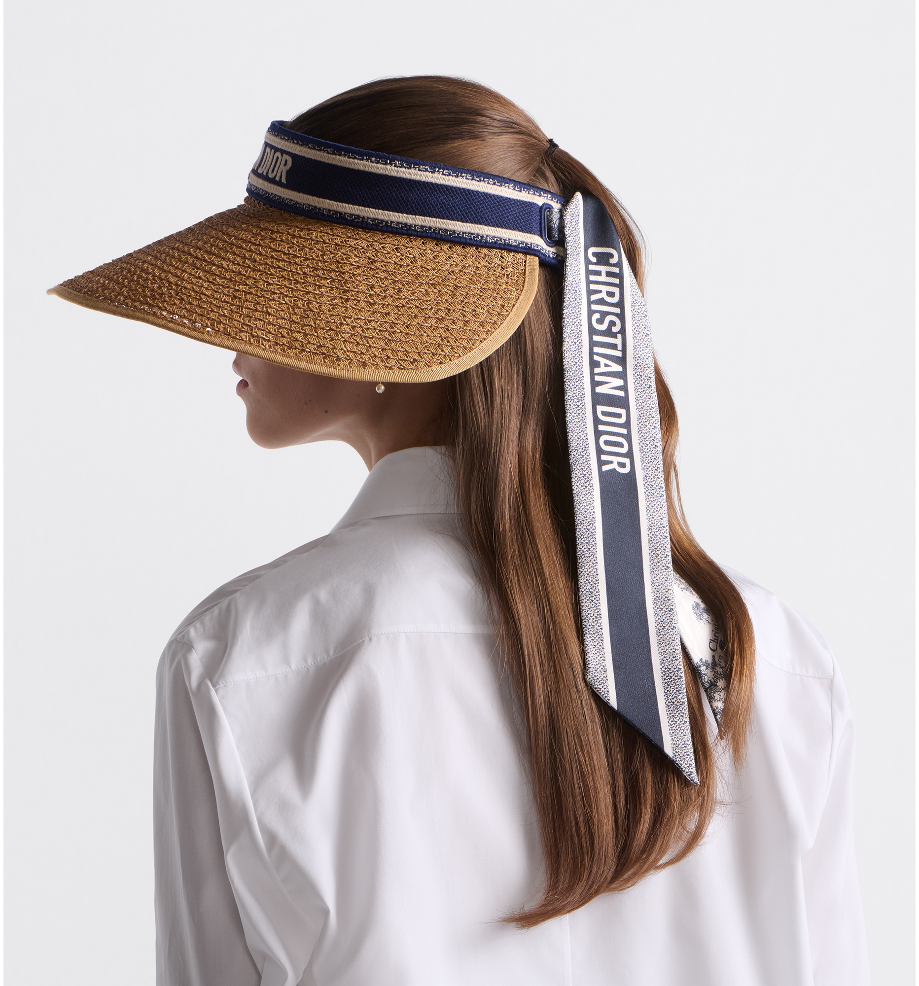 DIOR Dioriviera D Ocean Visor With Mitzah Straw With Navy Blue And White Embroidered Band Women
