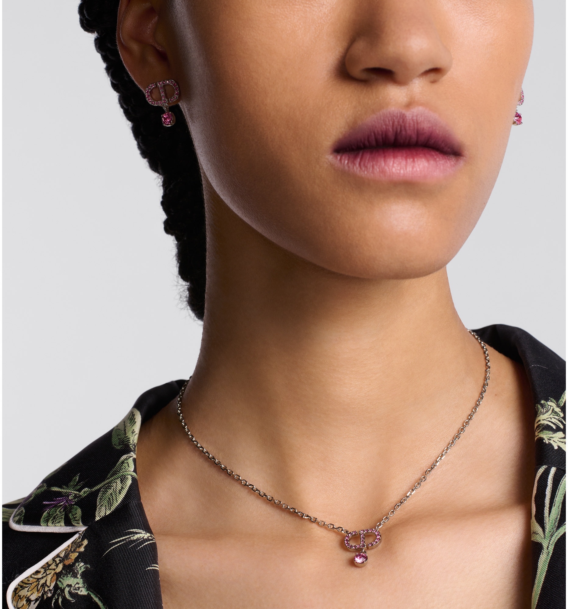DIOR Petit CD Necklace Palladium Finish Metal And Pink Crystals Women