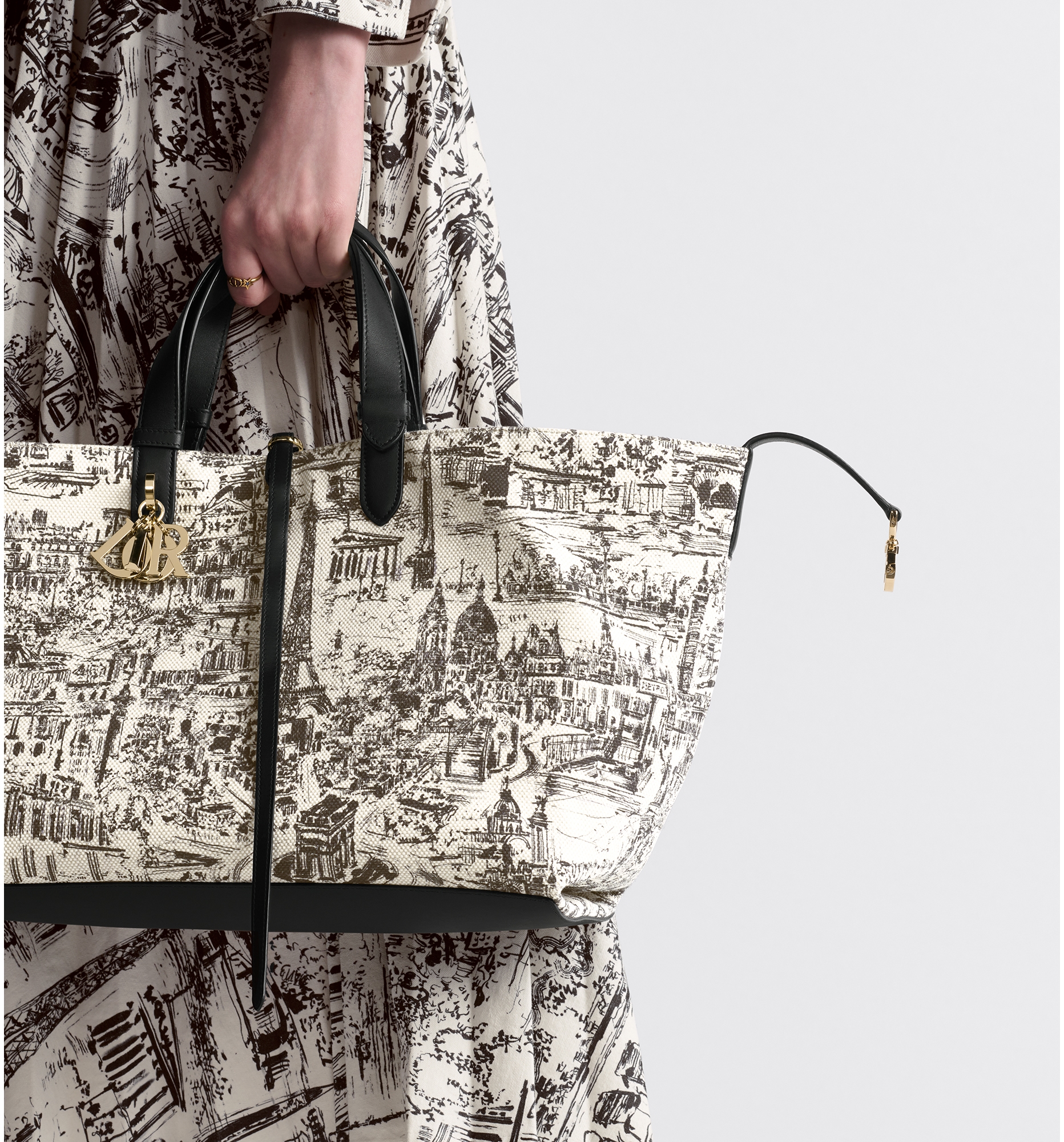 DIOR Large Dior Toujours Bag Latte And Black Canvas With Paris Allover Print Women