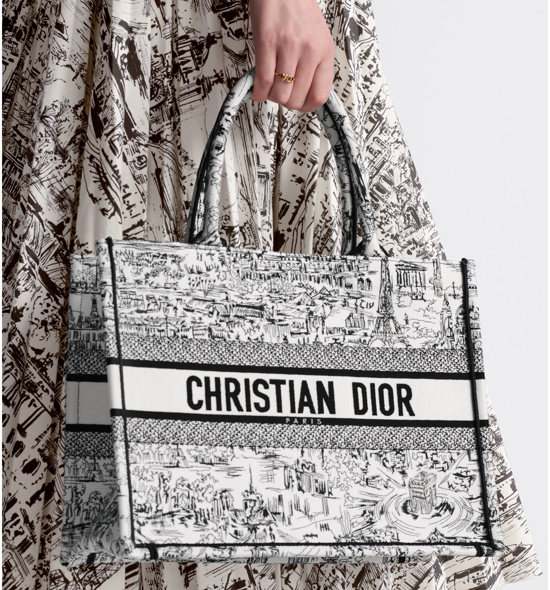 Medium Dior Book Tote White and Black Paris Allover Embroidery 36 x 27.5 x 16.5 cm DIOR