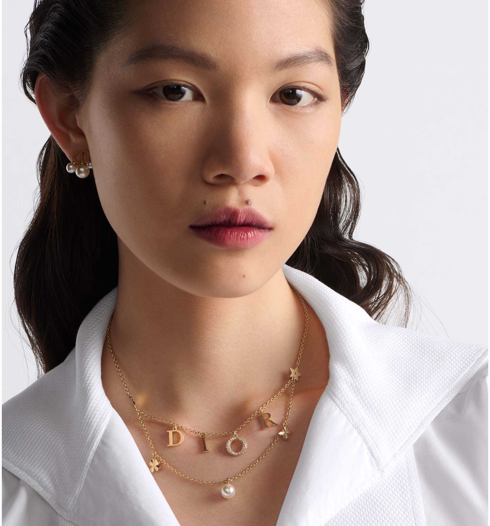 DIOR Dio evolution Necklace Gold Finish Metal With A White Resin Pearl And Silver Tone Crystals Women