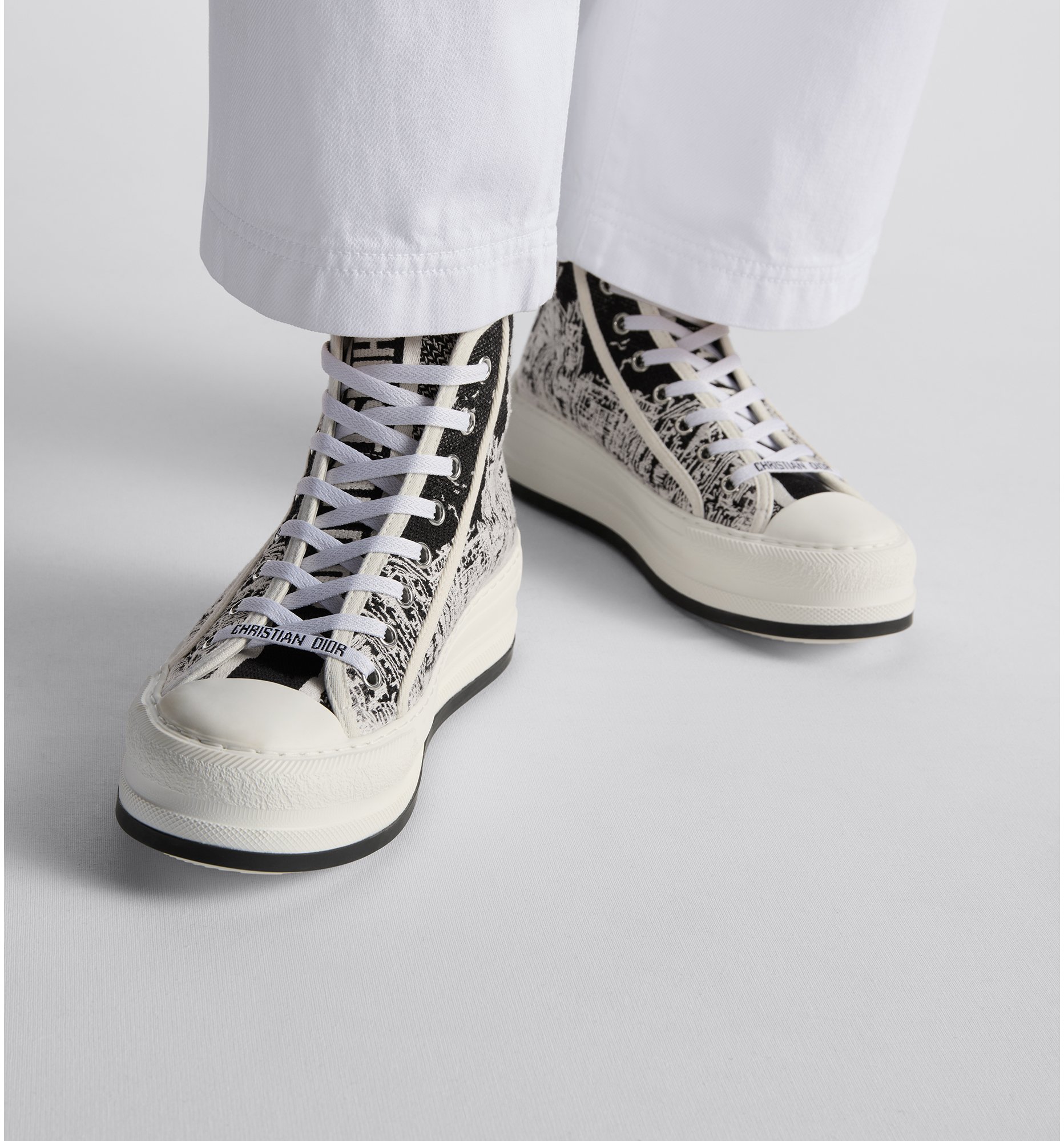 Walk n Dior High Top Platform Sneaker Cotton Embroidered with Black and White New York Motif DIOR