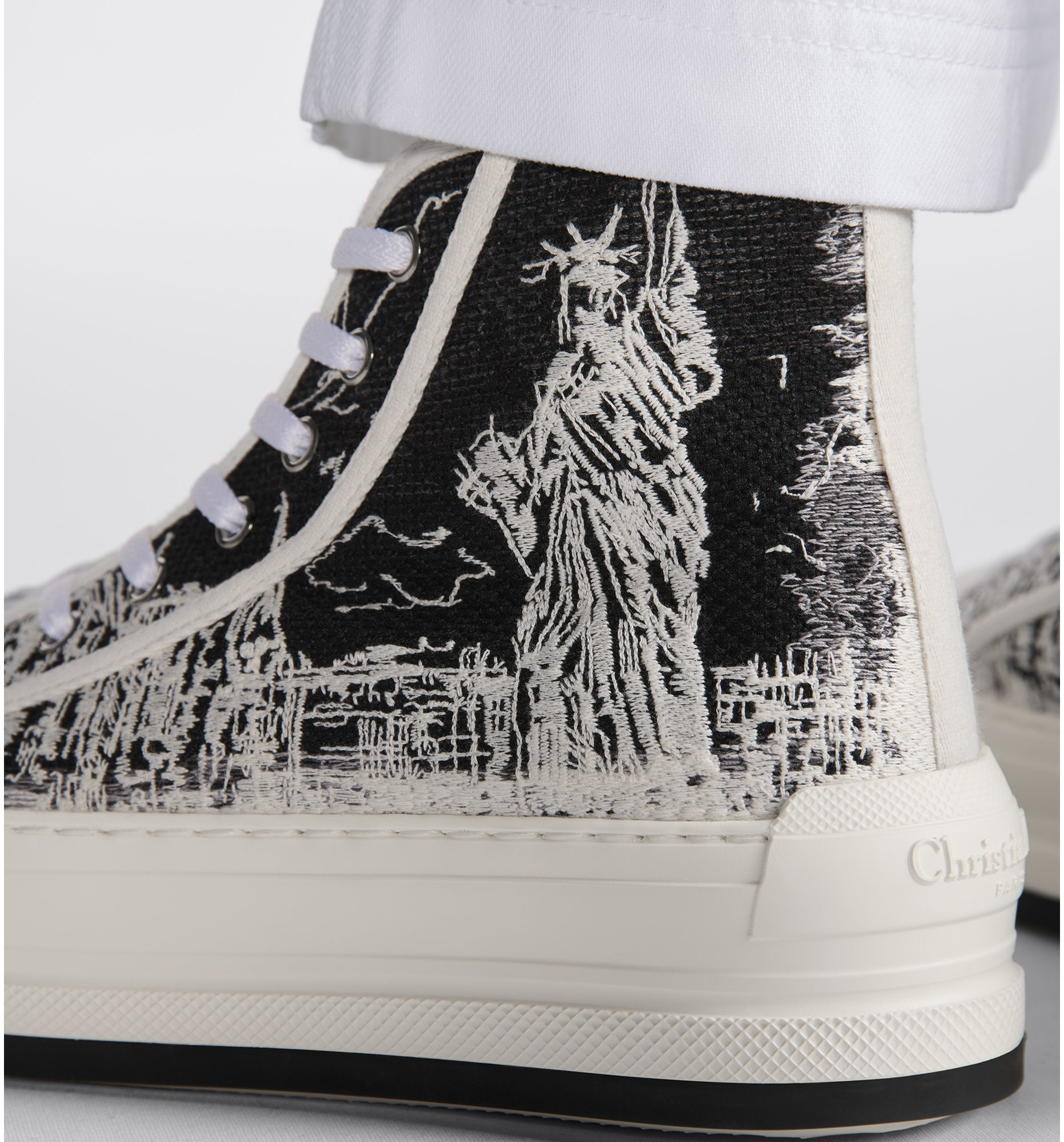 Walk n Dior High Top Platform Sneaker Cotton Embroidered with Black and White New York Motif DIOR