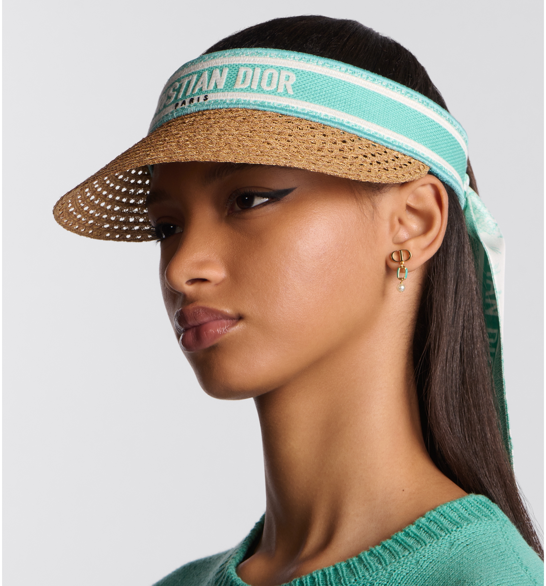 Dioriviera D Ocean Visor with Mitzah Straw with Aquamarina and White Embroidered Band DIOR
