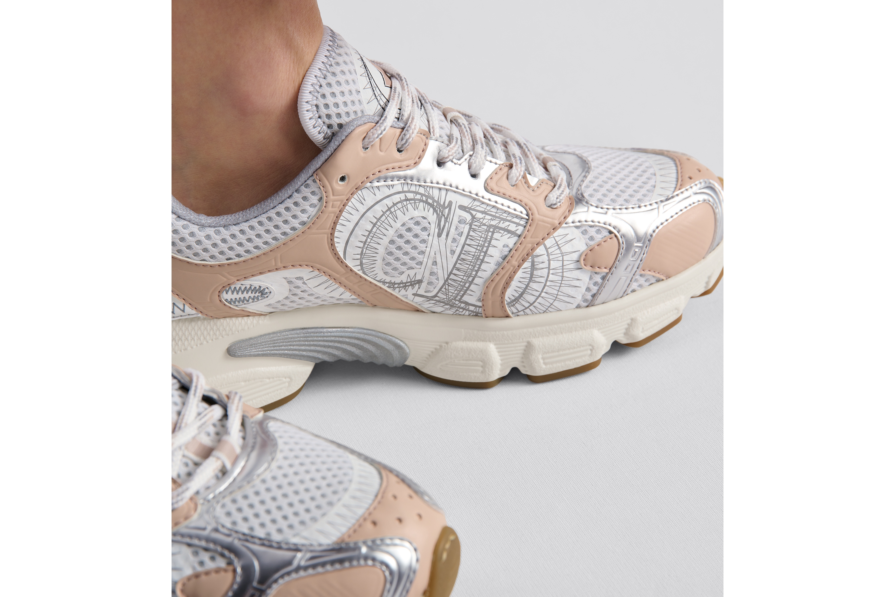 Dior Chrono Sneaker White Mesh with Nude and Silver-Tone Laminated