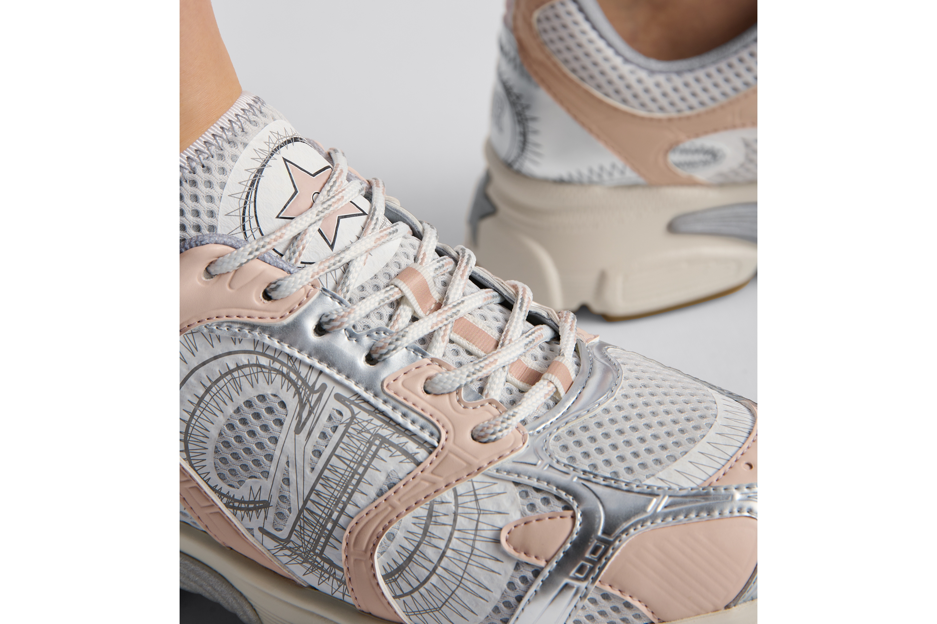 Dior Chrono Sneaker White Mesh with Nude and Silver-Tone Laminated