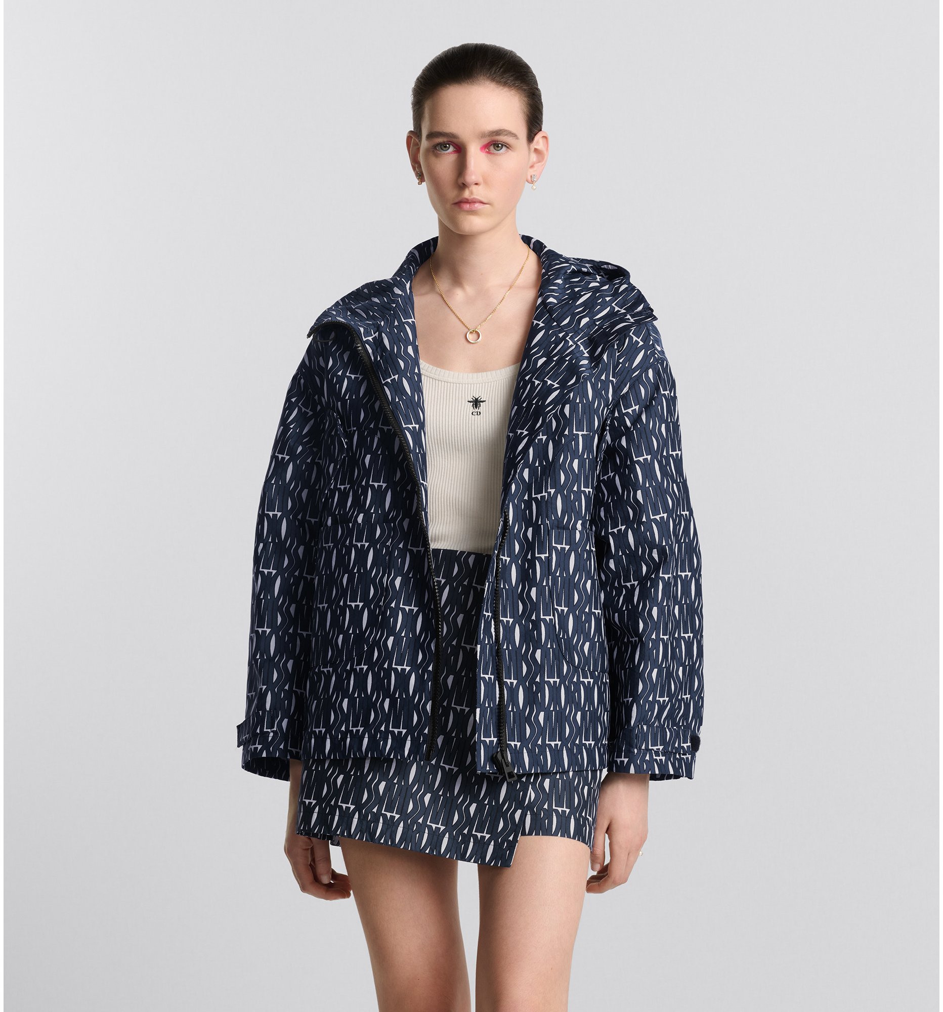 Waterproof Hooded Jacket White Technical Taffeta Jacquard with Navy Blue Miss Dior Allover Motif DIOR