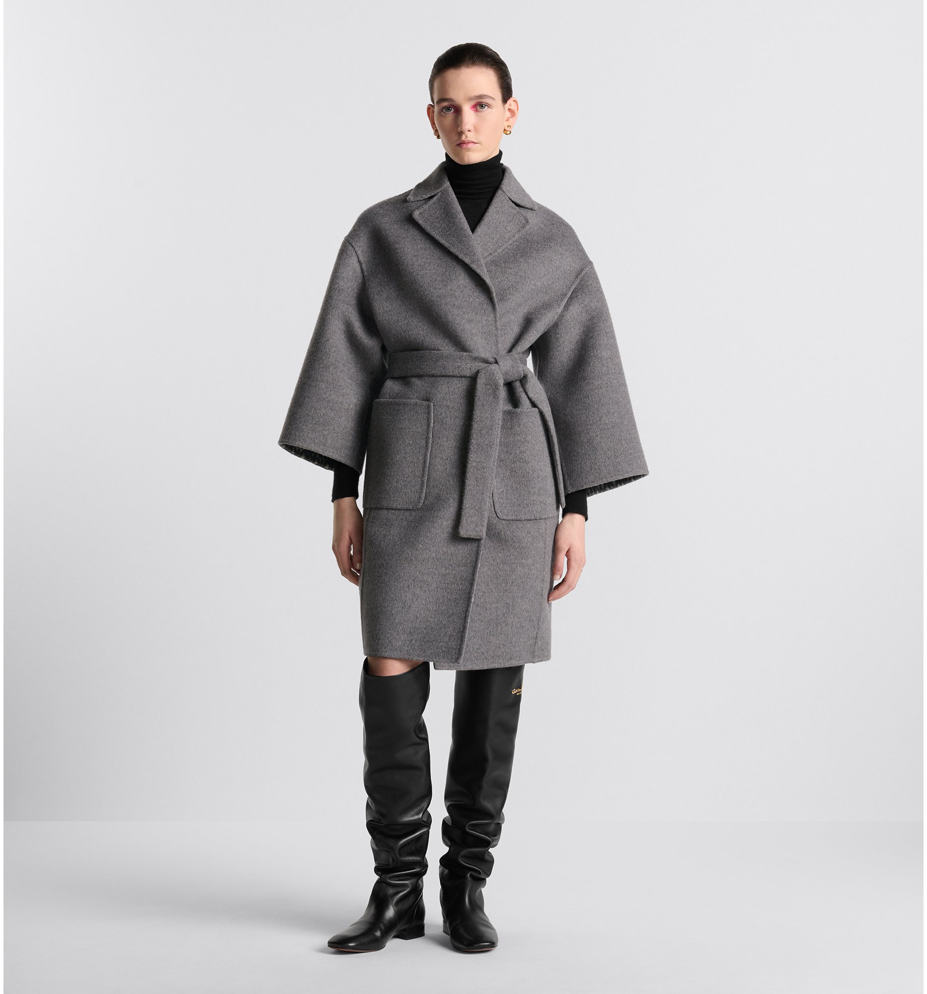 Coat with Belt Gray Double Sided Virgin Wool and Silk with Miss Dior Allover Interior DIOR