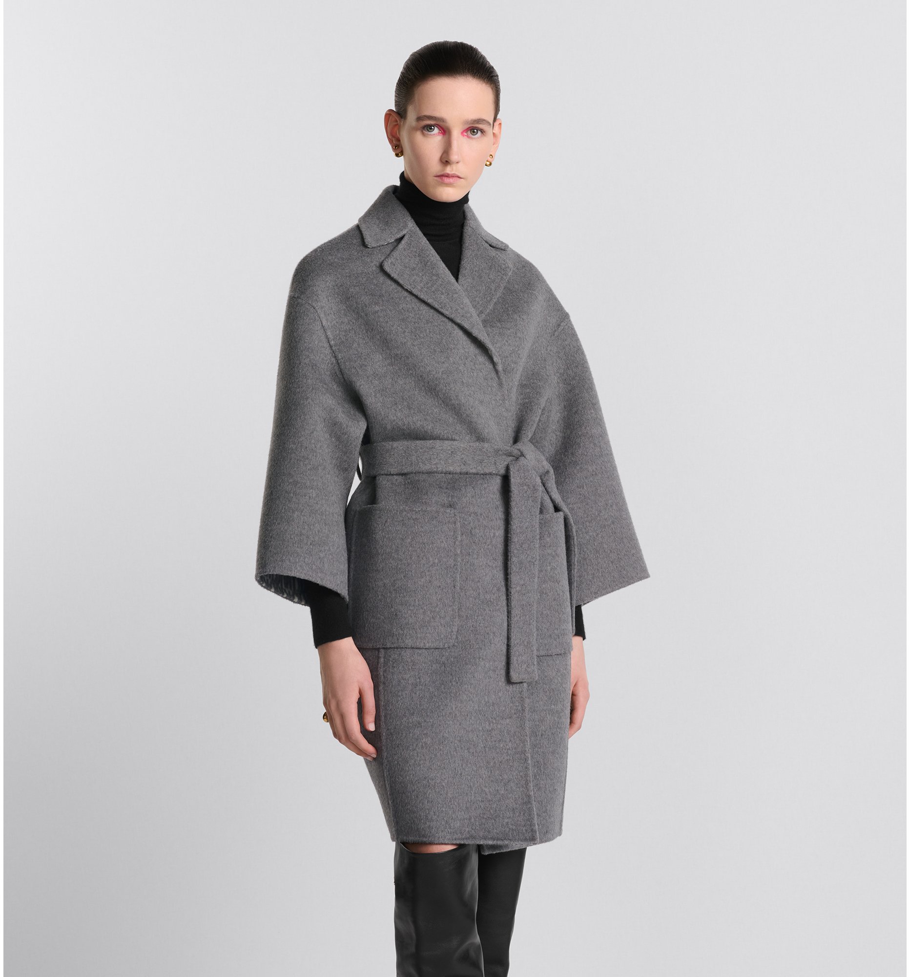 Coat with Belt Gray Double Sided Virgin Wool and Silk with Miss Dior Allover Interior DIOR