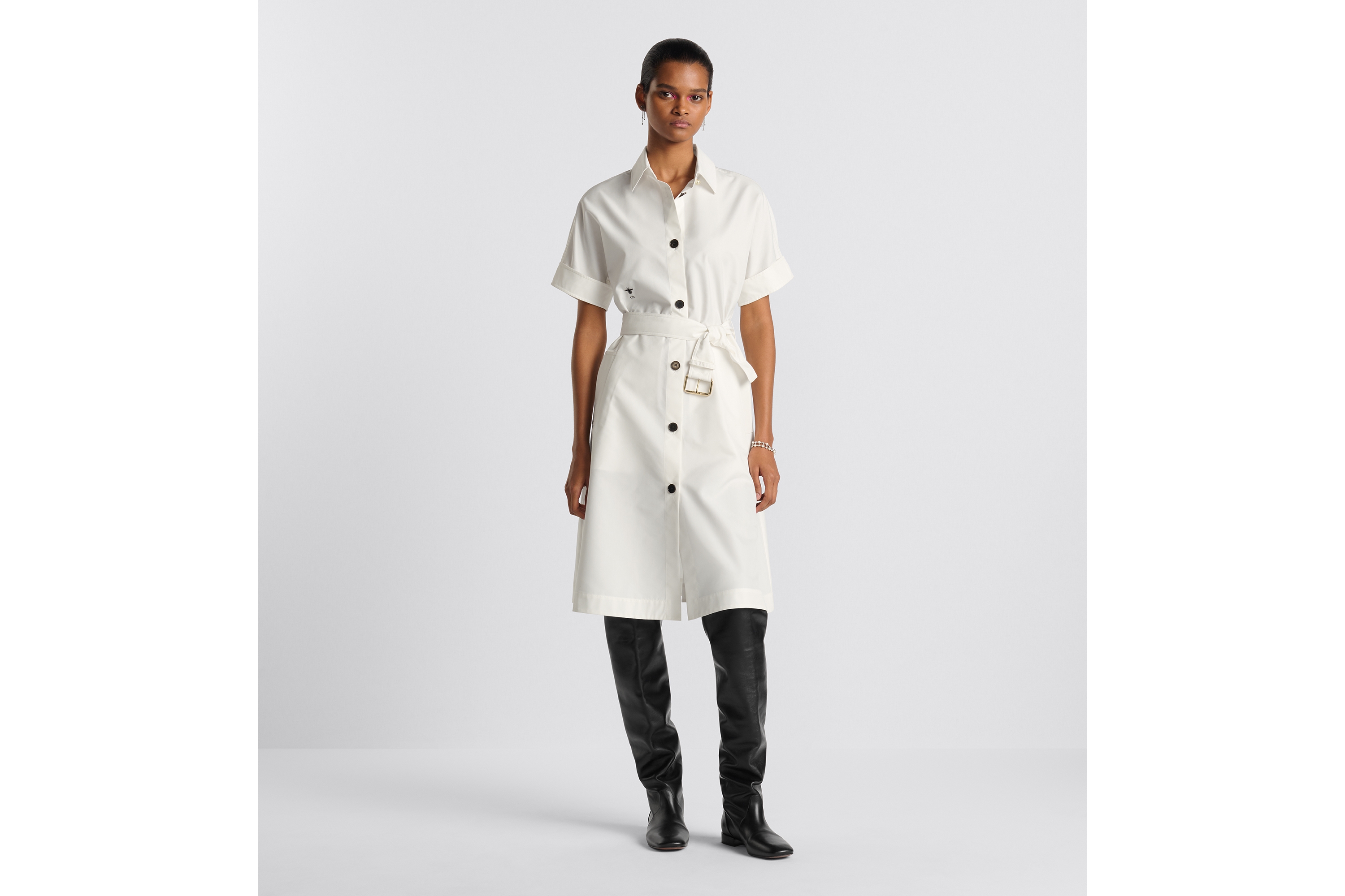 Look Belted Shirtdress Ecru Cotton and Silk Poplin E01