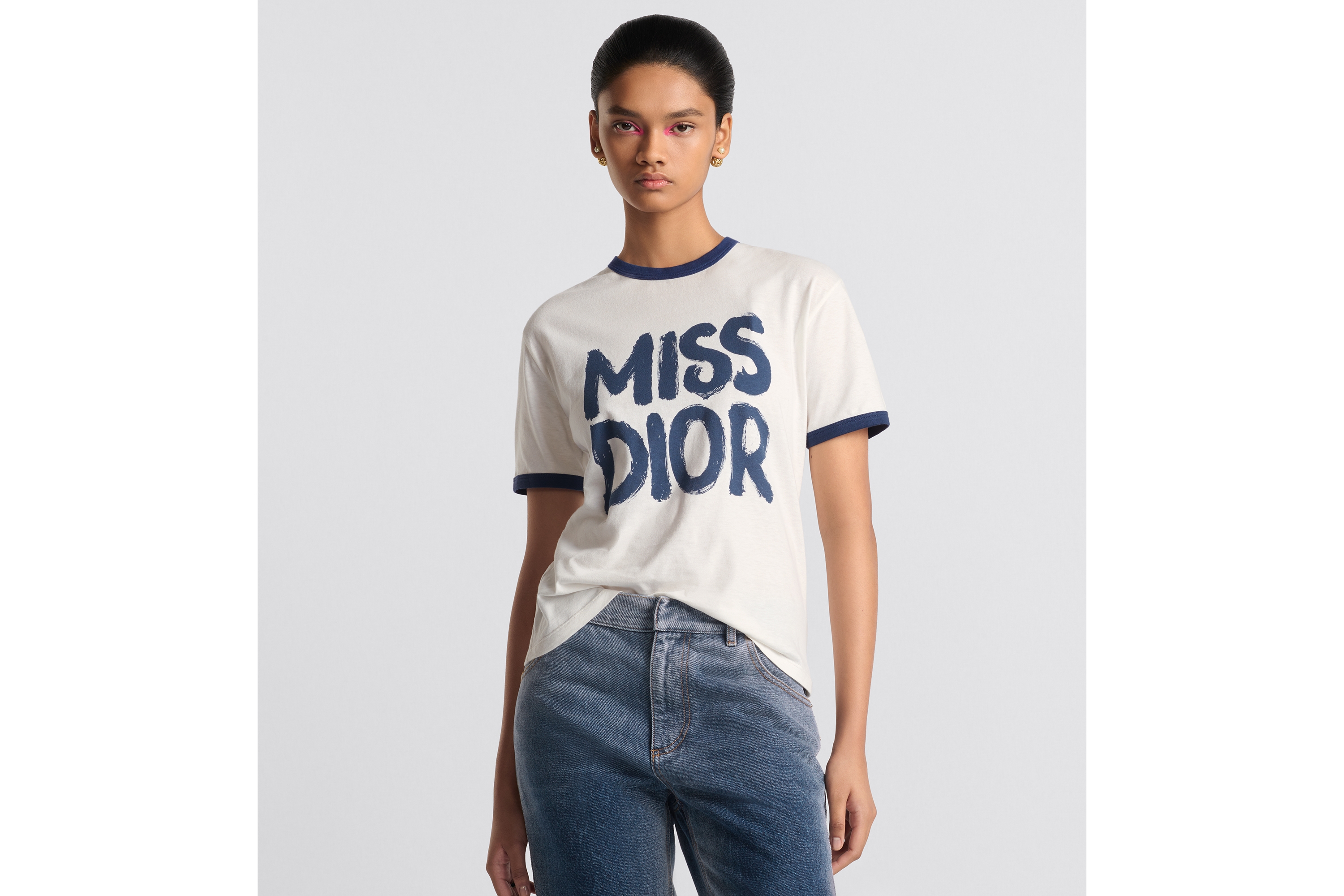 Miss Dior Graffiti コットン & リネン ジャージー T-Shirt White Cotton and Linen Jersey with Blue Miss Dior