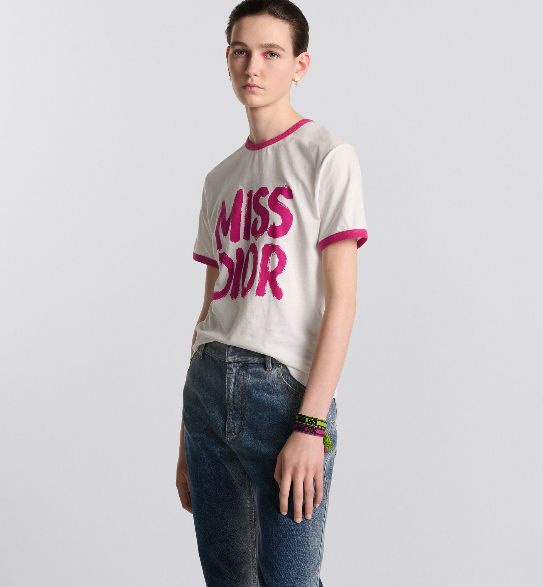 T-Shirt White Cotton and Linen Jersey with Fuchsia Miss Dior T-Shirt White Cotton and Linen Jersey with Fuchsia Miss Dior
