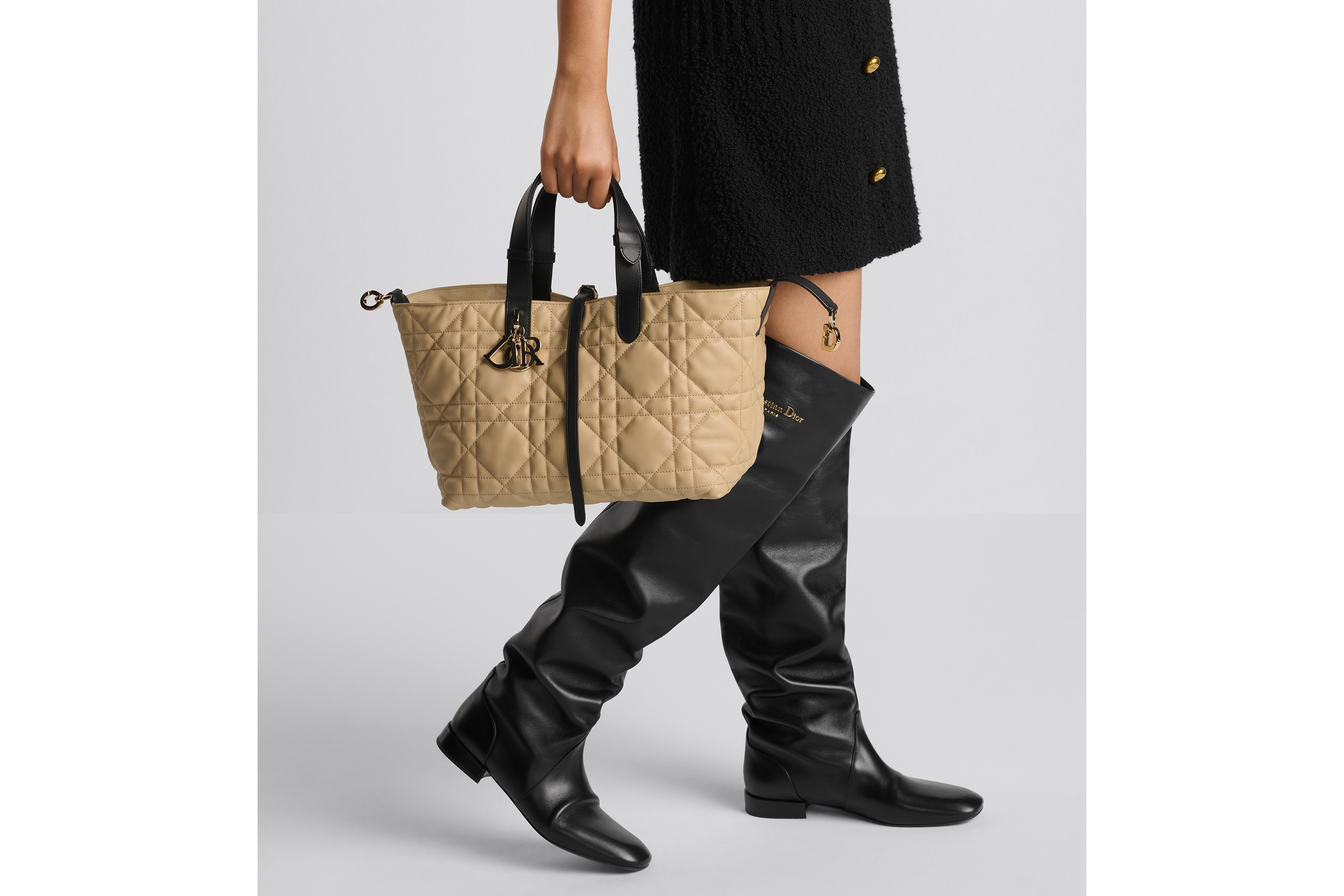 Medium Dior Toujours Bag Rope Beige and Black Macrocannage Calfskin E11