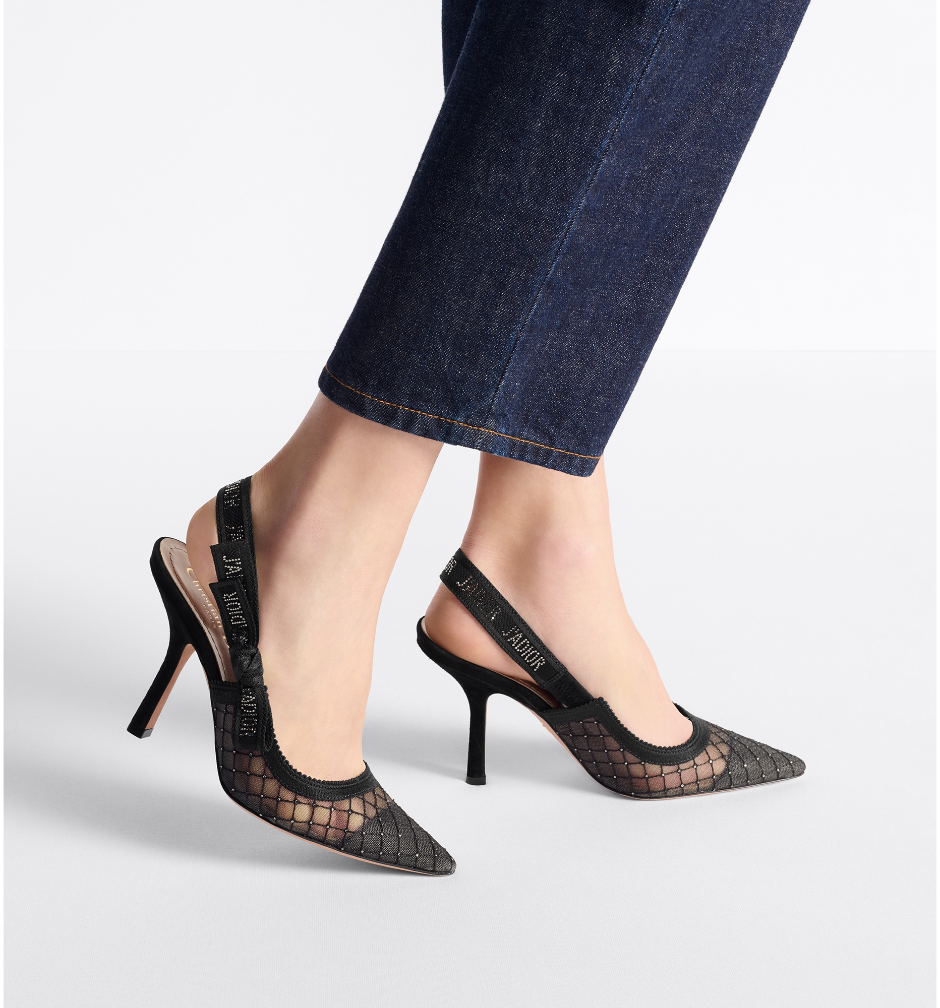 J Adior Slingback Pump Black Transparent Mesh Embroidered with Silver Tone Strass DIOR
