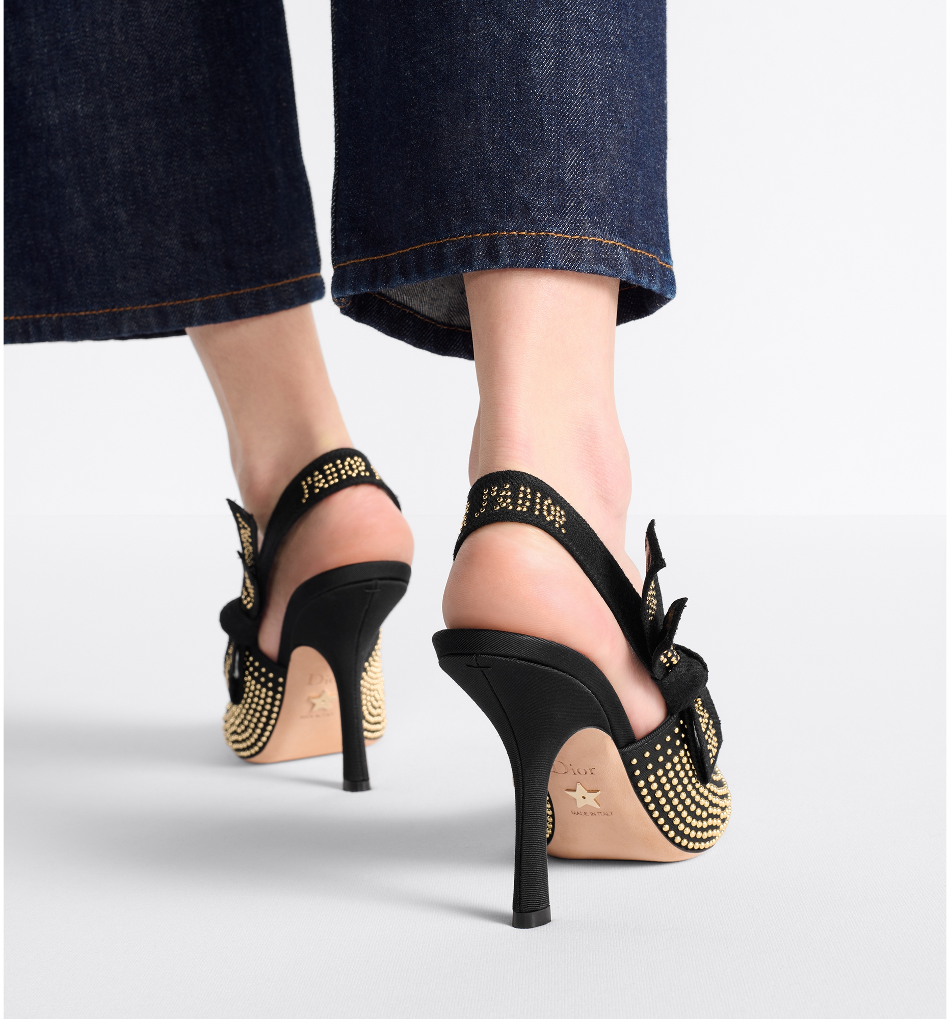 J Adior Slingback Pump Black Grosgrain and Gold Finish Studs DIOR