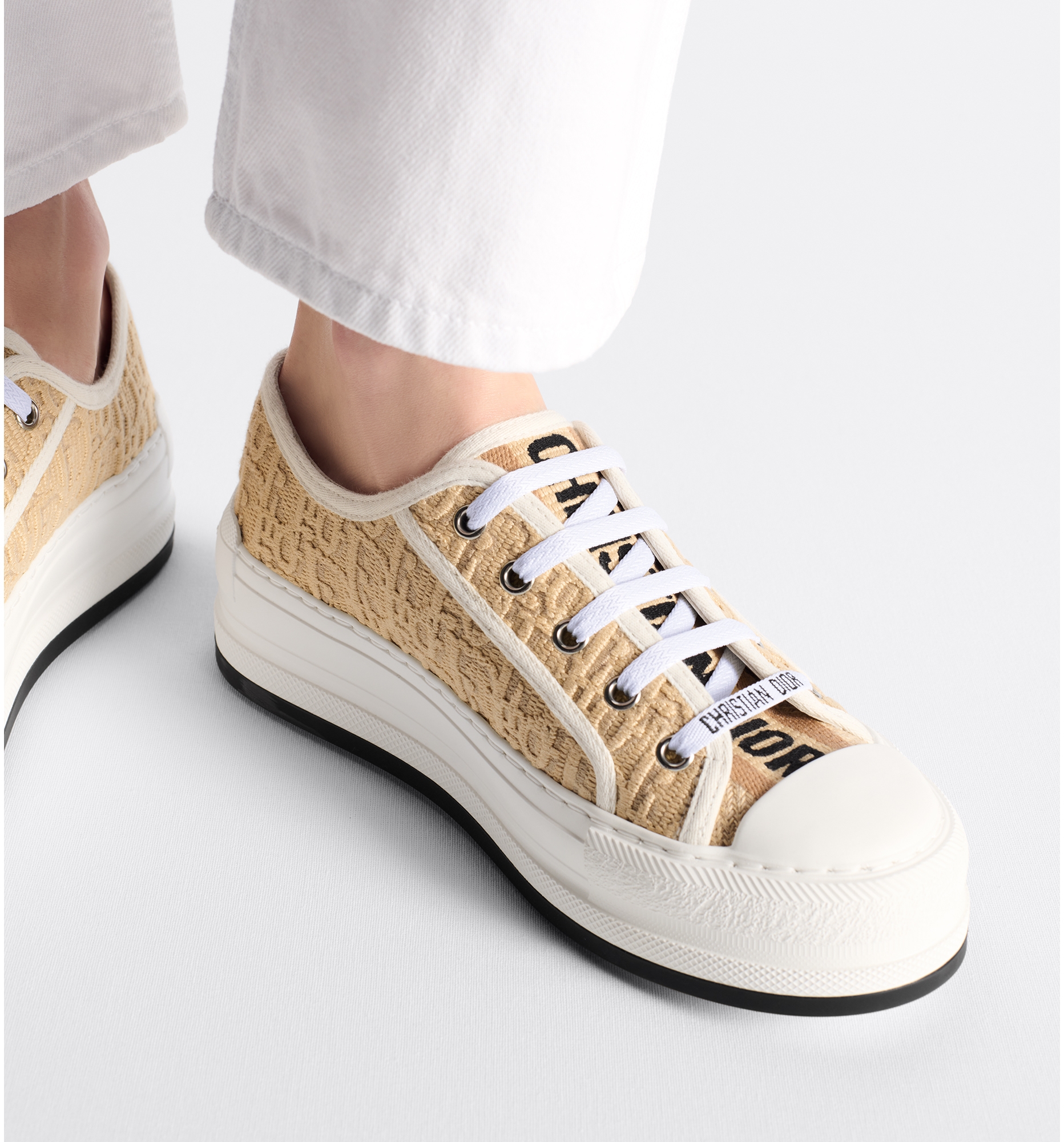 Walk n Dior Platform Sneaker Natural Raffia Effect Cotton Embroidered with Dior Oblique Motif DIOR