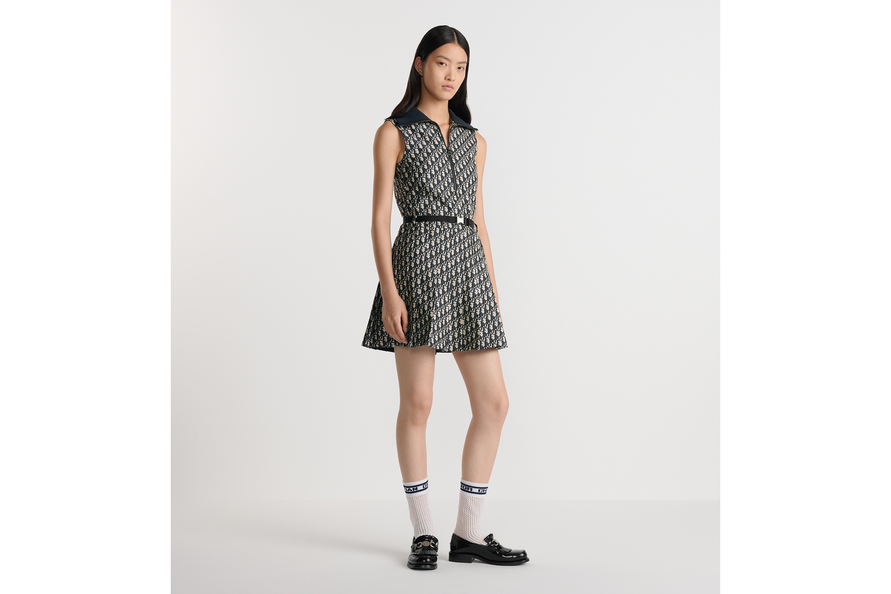 Look Pleated Short Dress Blue and Ecru Technical Taffeta Jacquard with Dior Oblique Motif E01