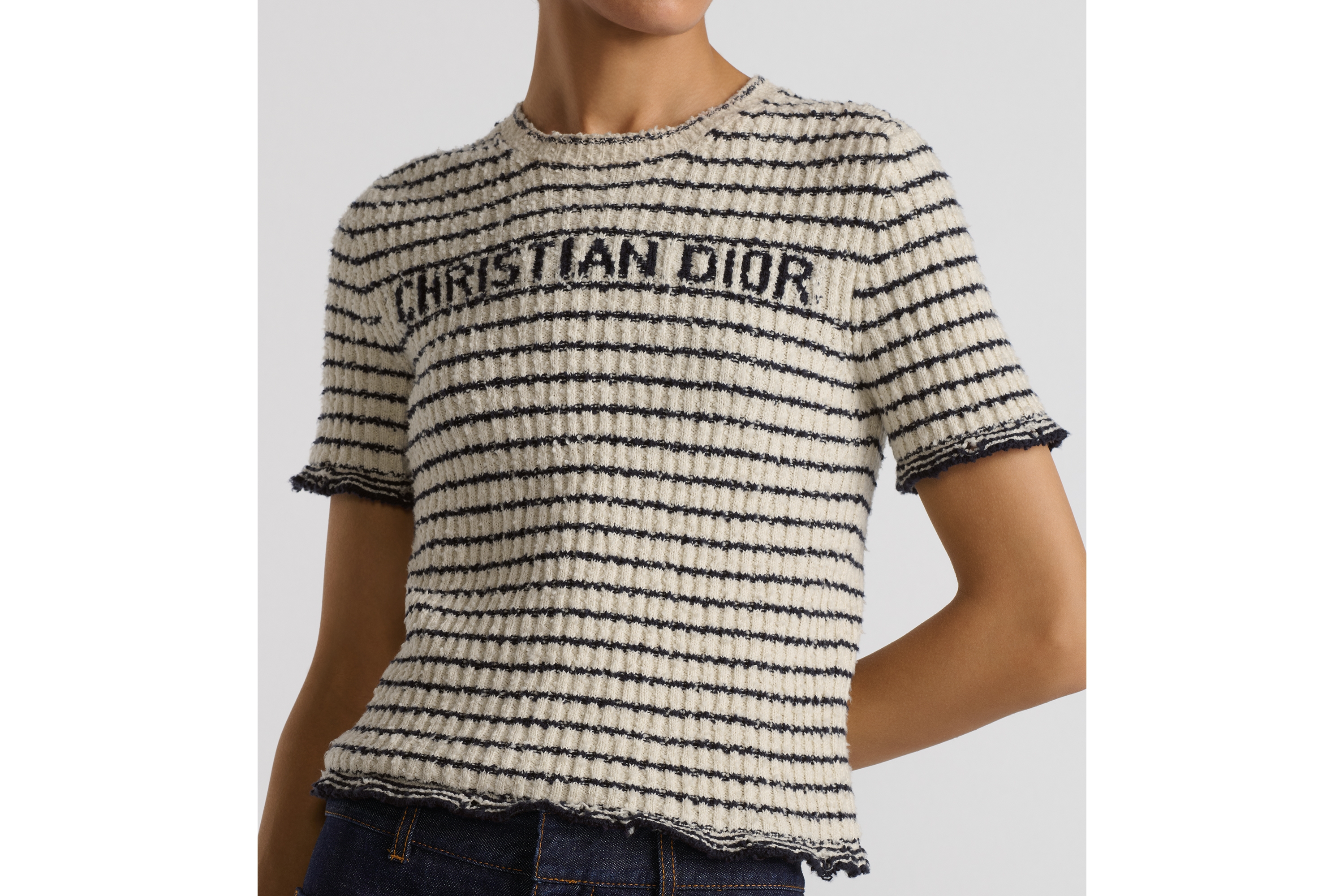 Dior Marinière Short-Sleeved Top Navy Blue and White Ribbed