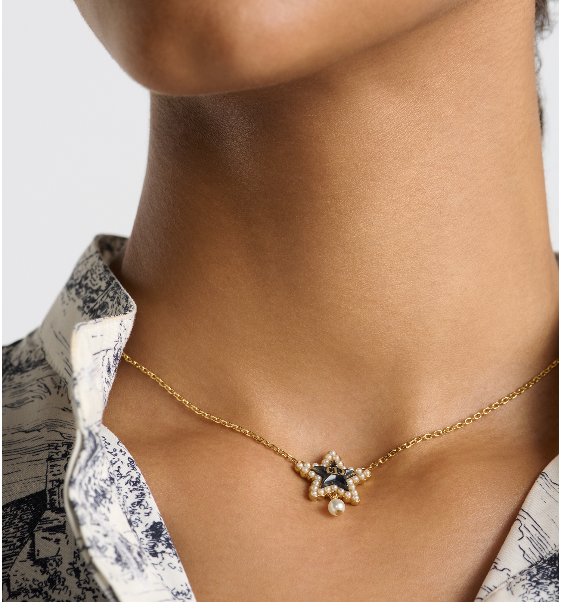 Petit CD Lucky Baroque Necklace Gold Finish Metal with White Resin Pearls and Deep Ocean Blue Glass DIOR