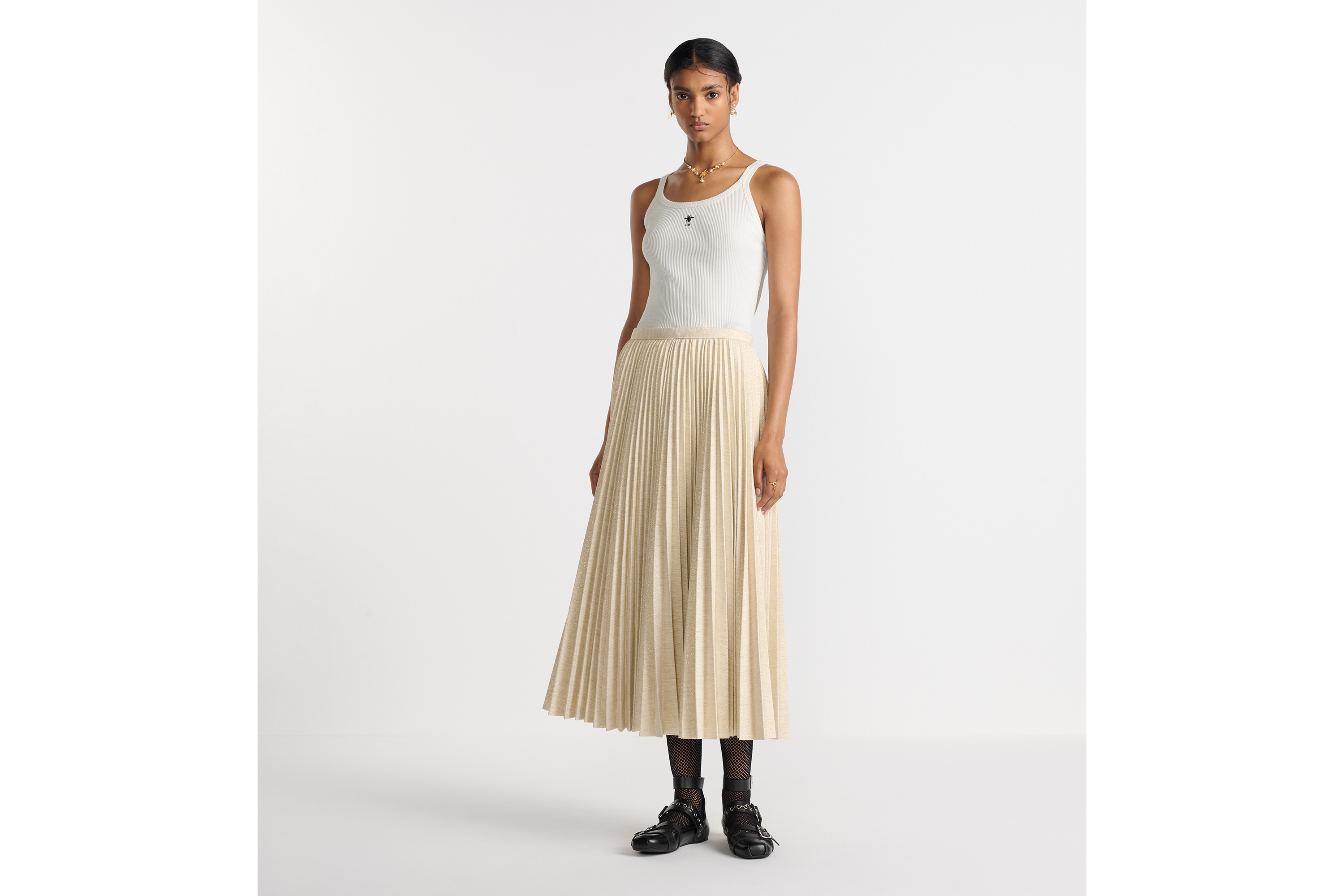 Look Dior Or Mid-Length Pleated Skirt Gold-Tone Cotton-Blend Denim E01