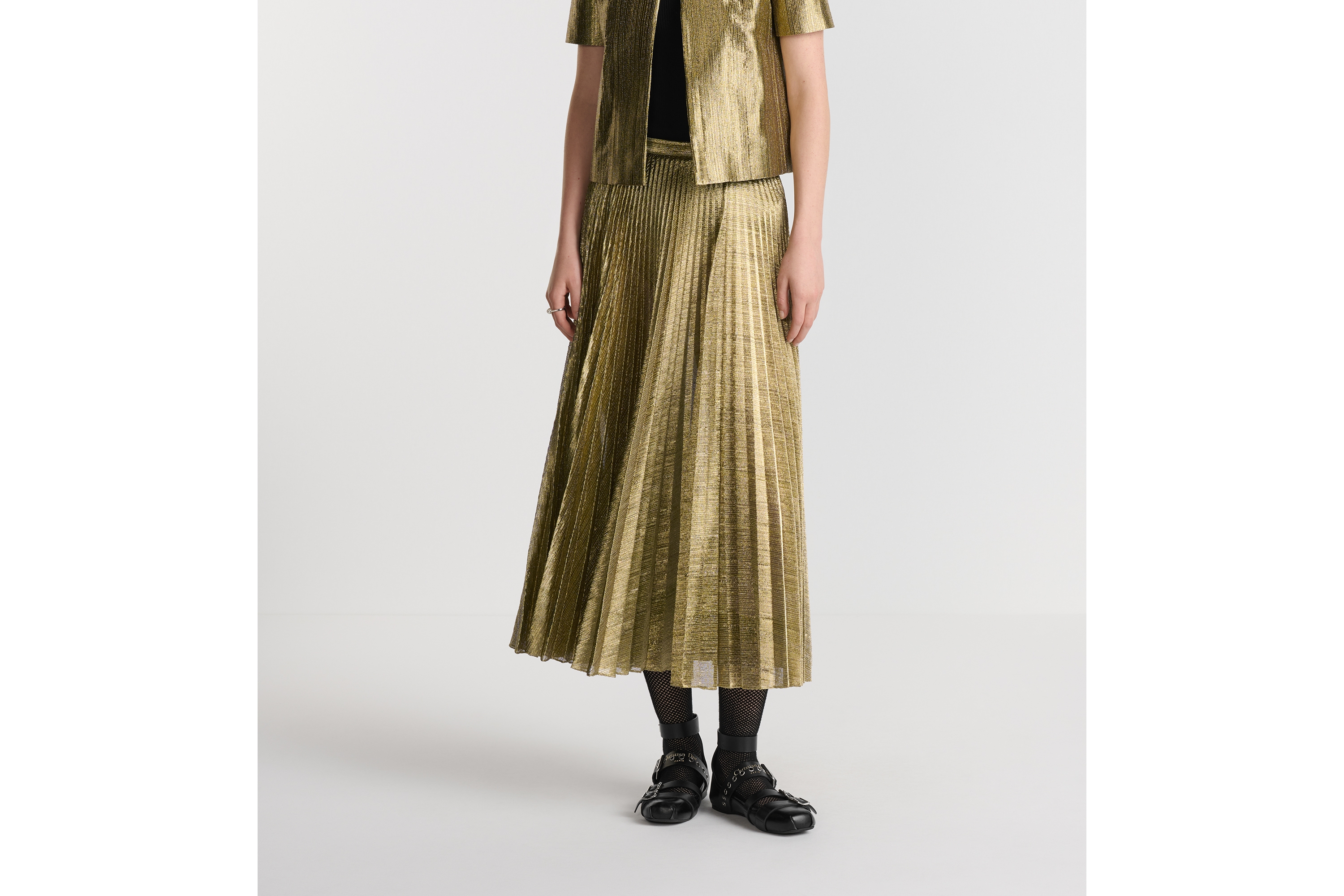 Look Dior Or Mid-Length Pleated Skirt Gold-Tone Technical Fabric E14