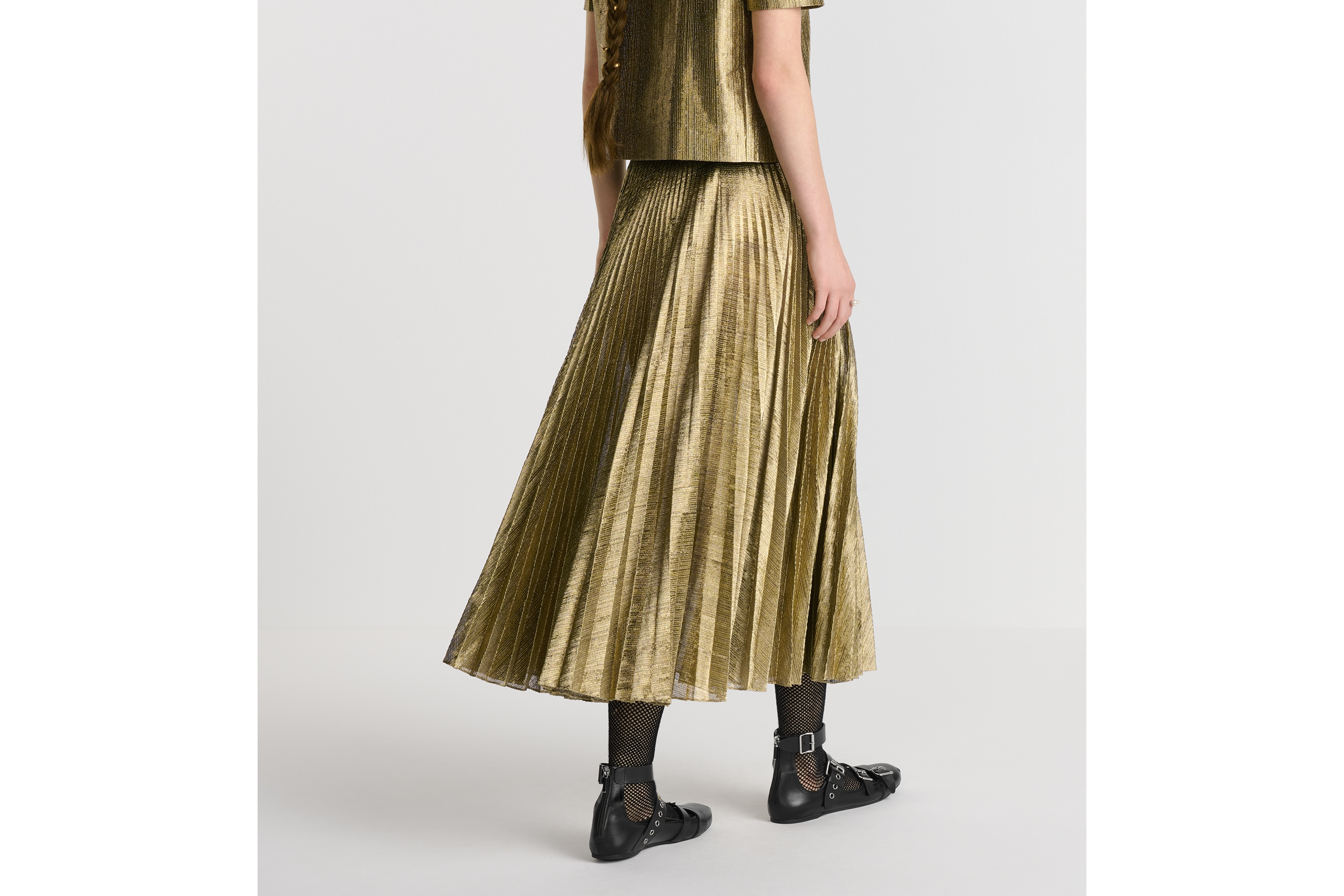 Look Dior Or Mid-Length Pleated Skirt Gold-Tone Technical Fabric E15